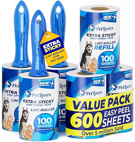 PetLovers Extra Sticky Lint Roller Mega Value Set 600 Sheets for Pet Hair Removal, Dog and Cat Lint Remover 6 Pack