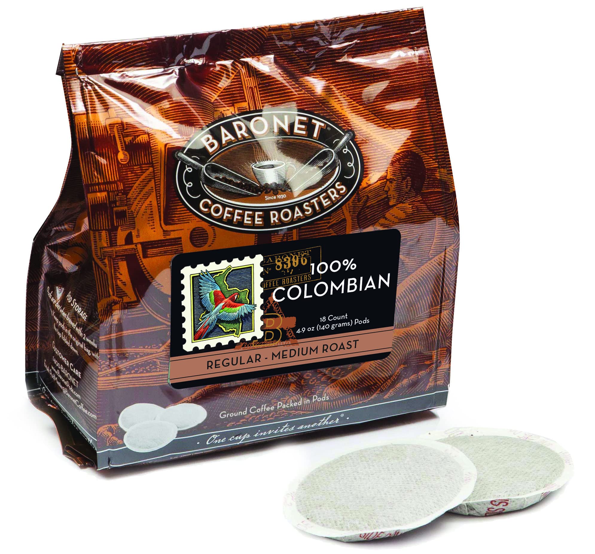 Baronet Coffee Pods [100% Colombian - 54 Pods] Single Cup Use for Senseo Coffee Machine - 3 Bags of 18 Single Serve 8 Gram, Regular Strength, Medium