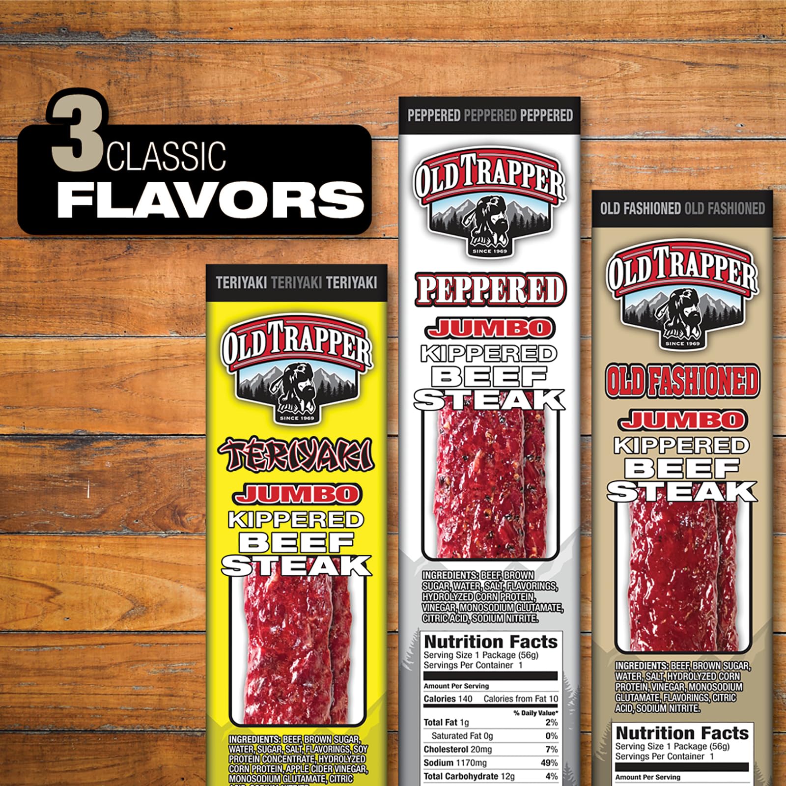 Old Trapper Kippered Steak, Old-Fashioned Flavor, Two-Ounce Individually Wrapped Packages, Savory Meat Snack for Between Meal Bites, 22 Grams