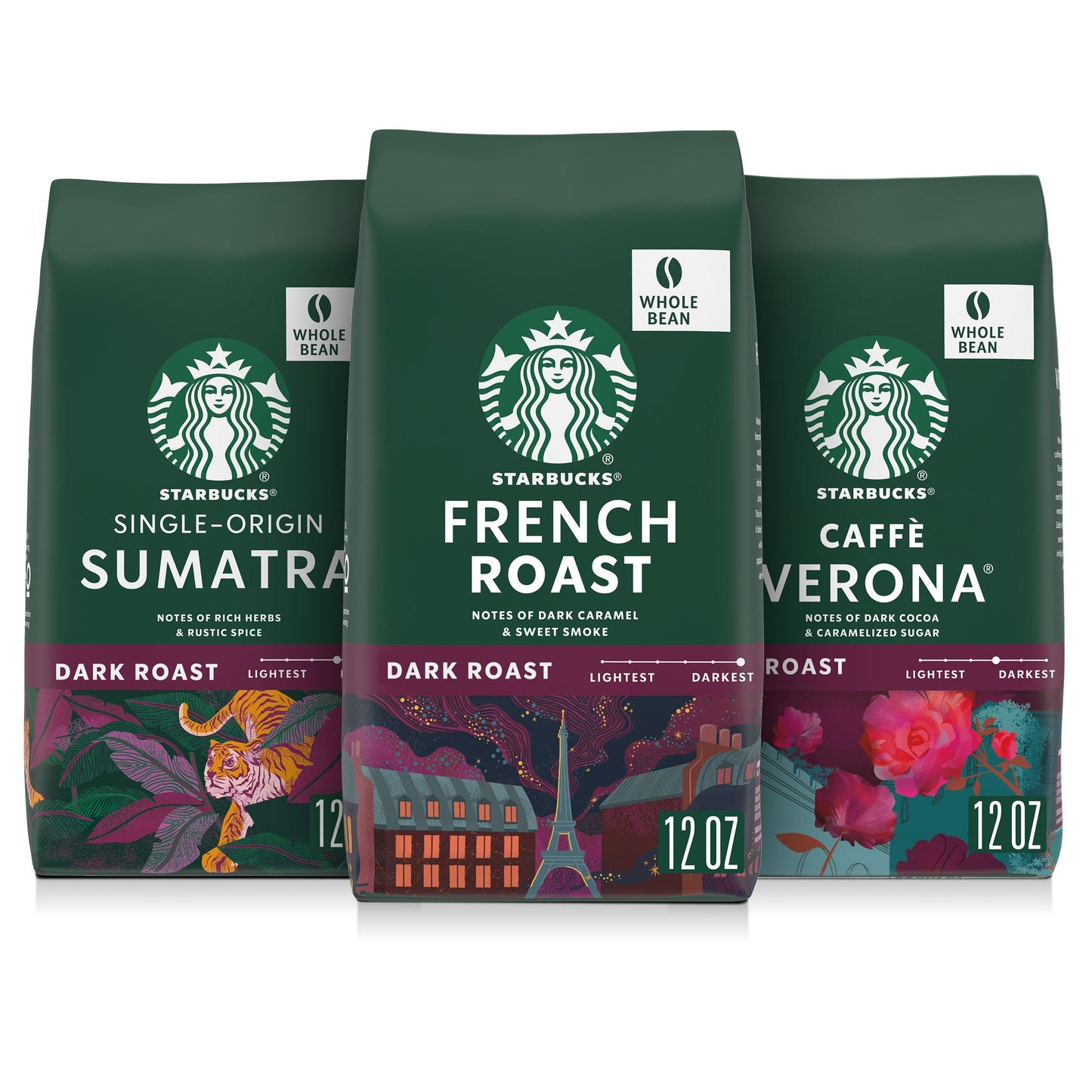 Starbucks Whole Coffee Beans, Dark Roast Hot or Iced Coffee, Variety Pack, Three 12 oz Bags