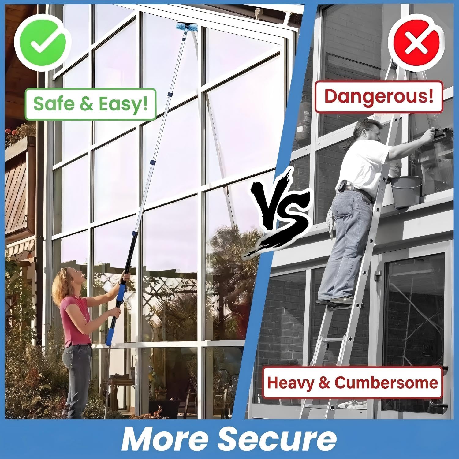25ft High Ceiling Duster Kits with 5-18ft Heavy Duty Extension Pole - Fan Blade Cleaner, Cobweb Remover & Blue Window Squeegee Kit, Washable Dust