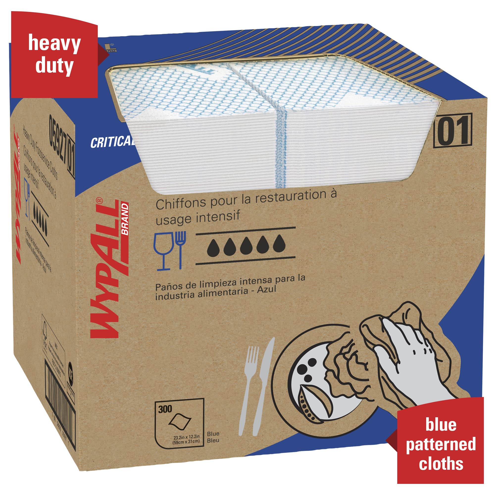 WypAll CriticalClean High Capacity Cloths Heavy Duty Foodservice Wipes (05927), Quarterfold Towels, Blue (1 Box of 300 Sheets, 300 Sheet Total)