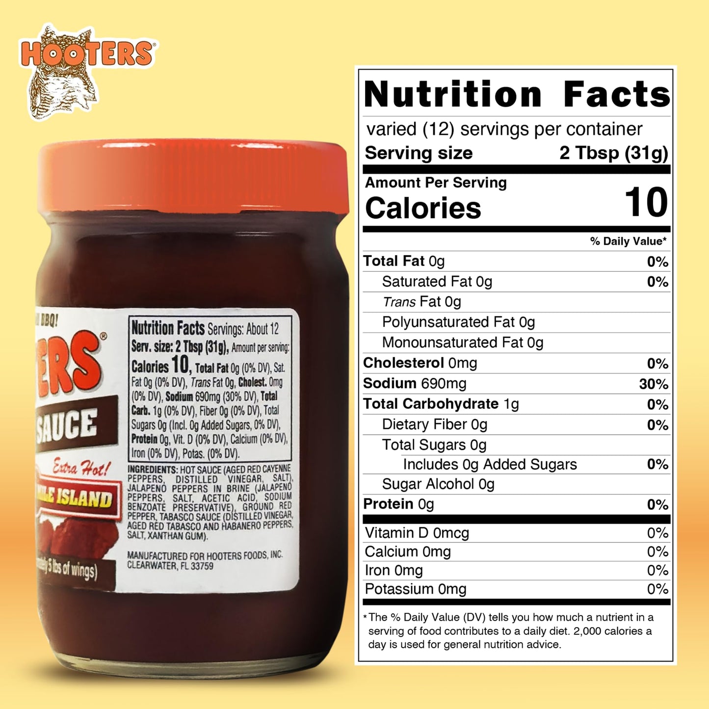 The Original Hooters 3 Mile Island Wing Sauce - Spicy Extra Hot Sauce Ideal for Chicken Wings Dipping, Grilling, Seafood, Ribs, Balanced Restaurant