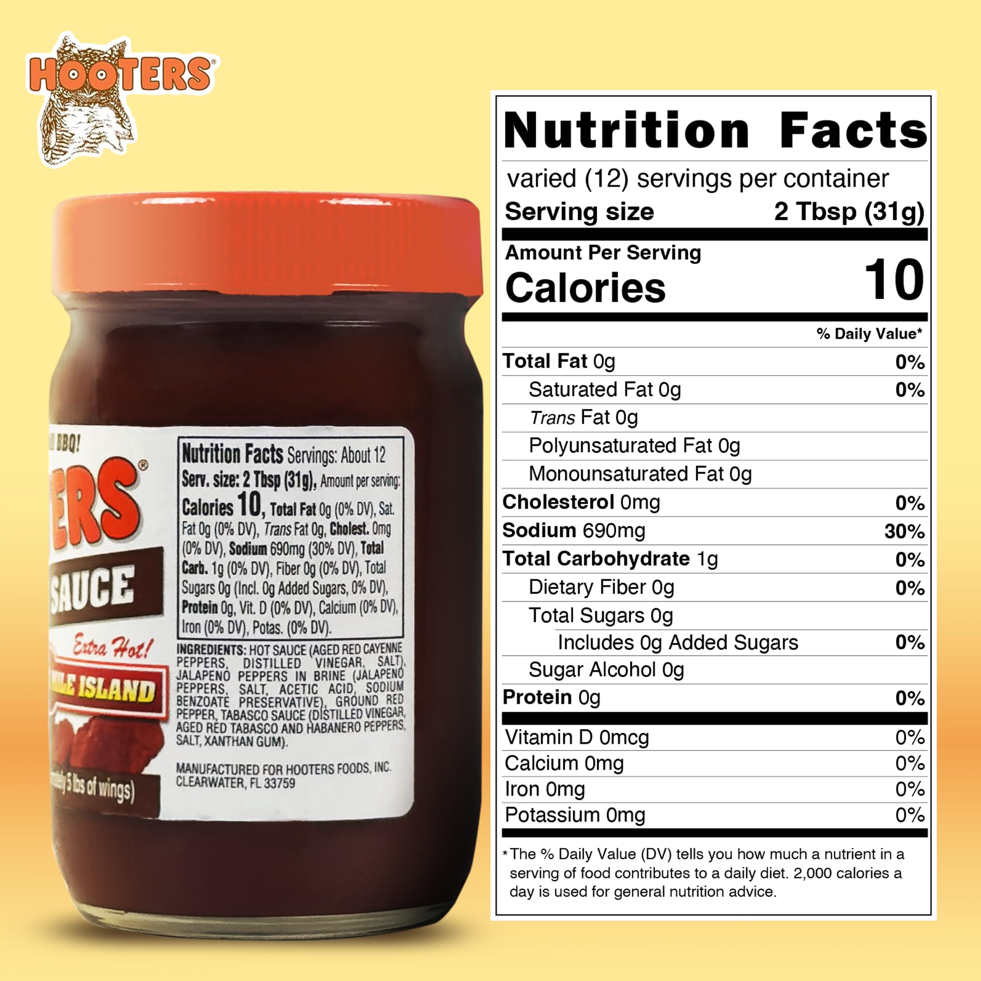 The Original Hooters 3 Mile Island Wing Sauce - Spicy Extra Hot Sauce Ideal for Chicken Wings Dipping, Grilling, Seafood, Ribs, Balanced Restaurant