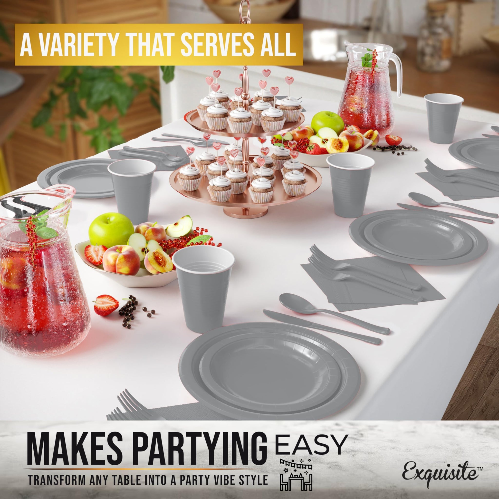 Party Solids 222 Pcs Silver Paper Plates and Napkins Sets, Disposable Plates For Party, Lunch & Cocktail Napkins Paper, 18oz Plastic Cups, Cutlery