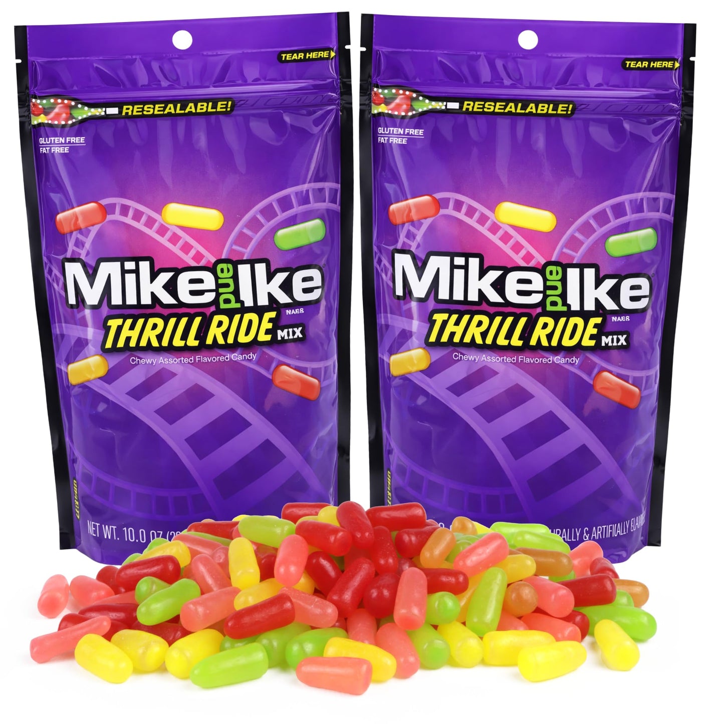 Mike and Ike Bulk Thrill Ride Mix, Assorted Chewy Fruit Candies, Resealable Bags, 10 Ounces, Pack of 2