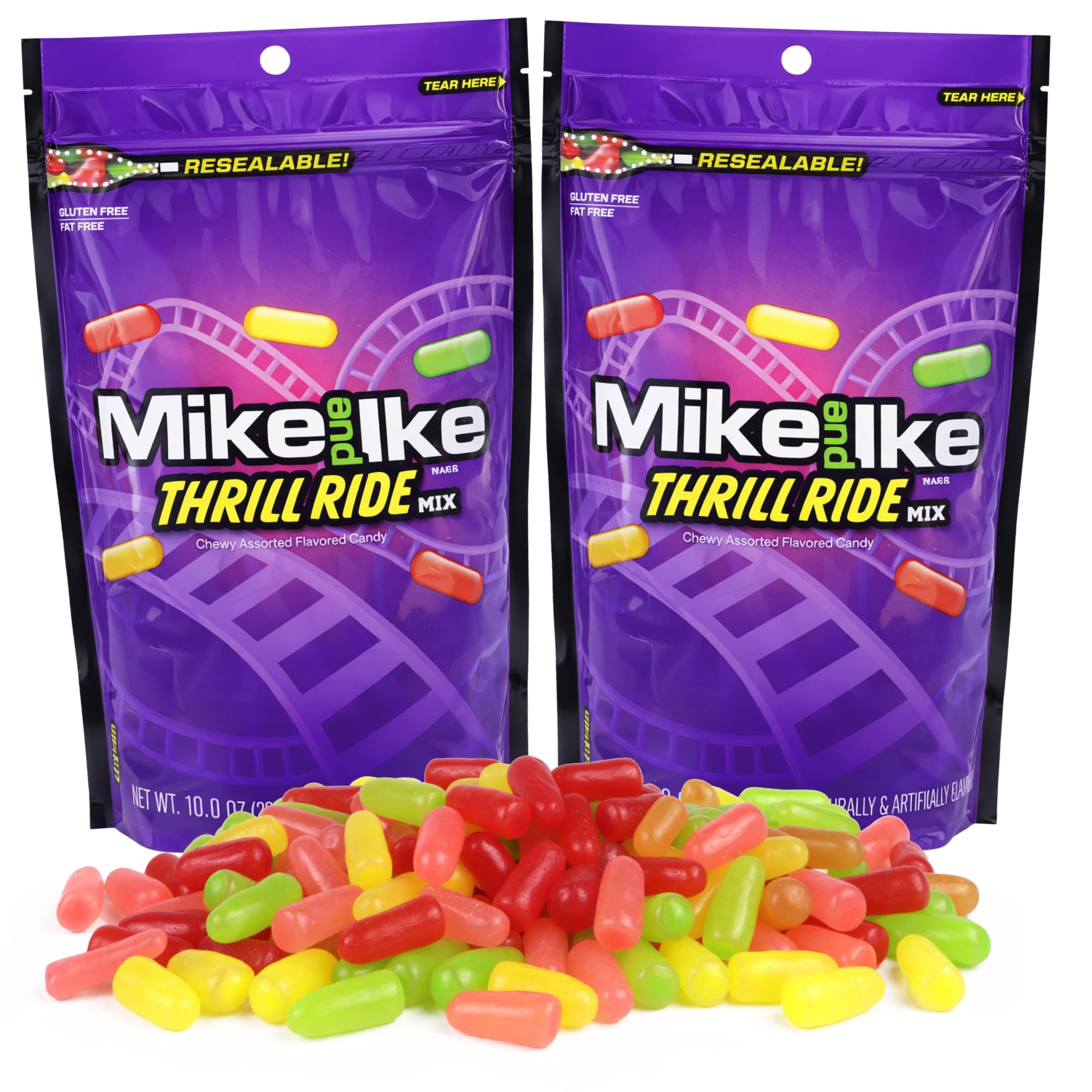 Mike and Ike Bulk Thrill Ride Mix, Assorted Chewy Fruit Candies, Resealable Bags, 10 Ounces, Pack of 2