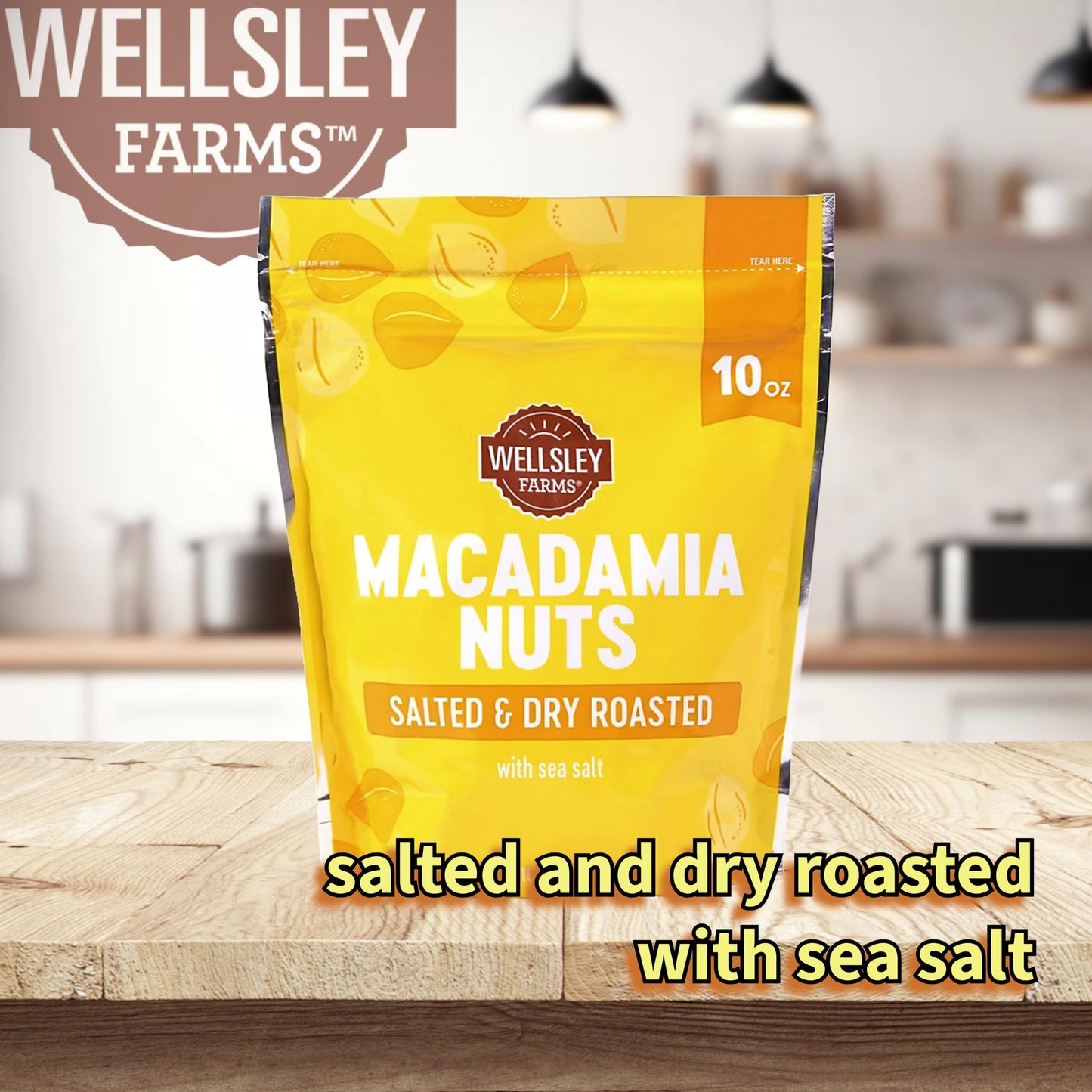 Wellsley Farms Salted & Dry Roasted Macadamia Nuts (1 Bag), Lightly Seasoned with Sea Salt, 10 oz Resealable Bag - Kosher, Keto-Friendly.