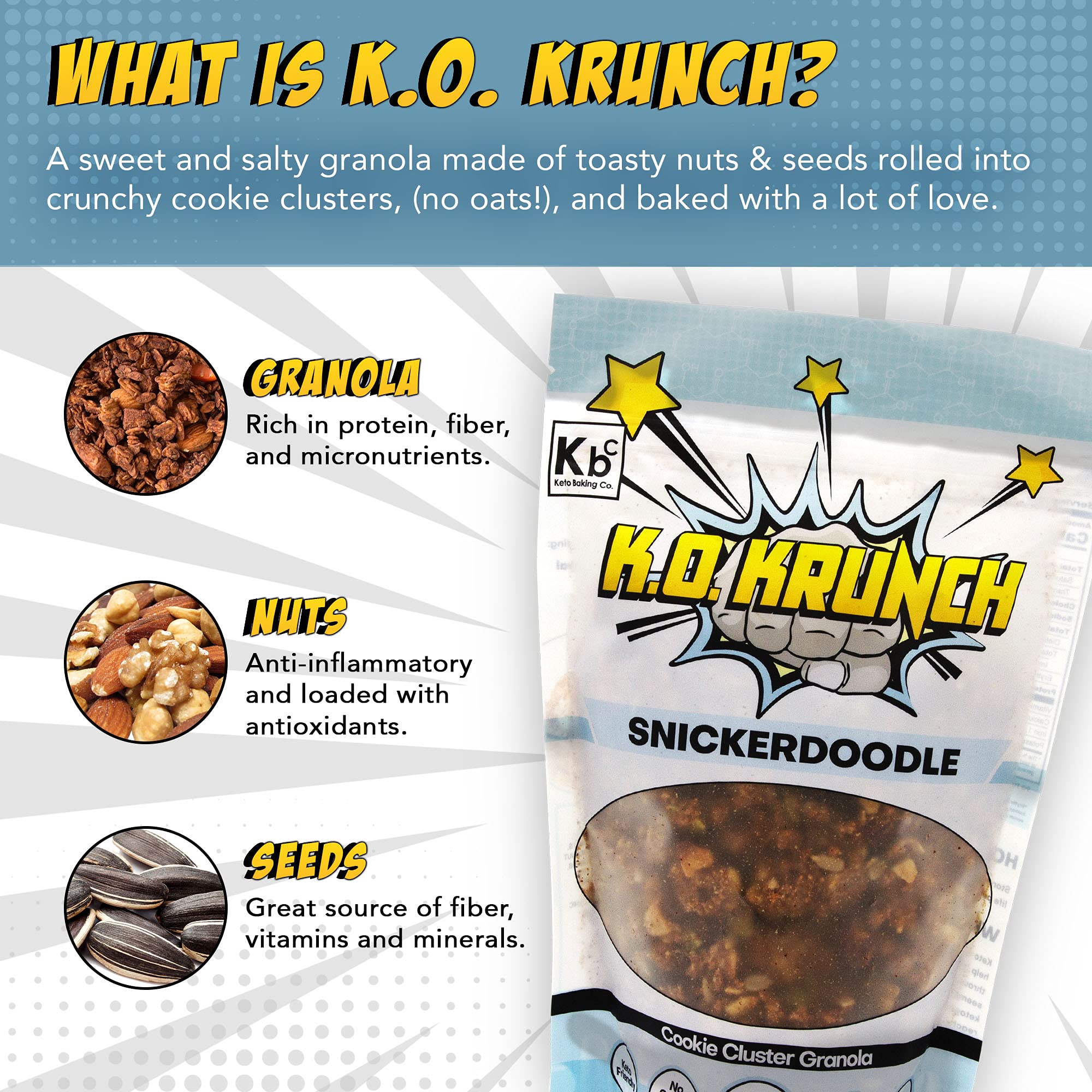 K.O Krunch - Snickerdoodle Granola Cookie Clusters, Sugar-Free Granola Bites without Oats, Gluten-Free and Low Carb Granola, Keto Friendly Food