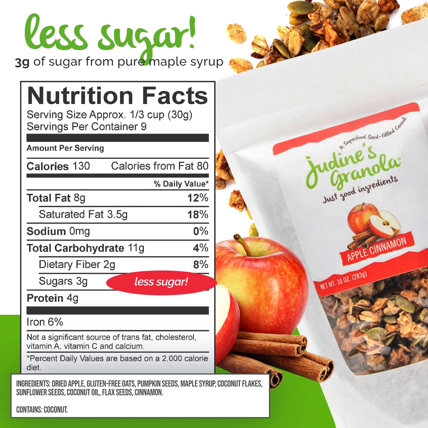 Judine's Granola Healthy Whole Grain Oats, Apple Cinnamon, 10 Ounces, Pack of 1