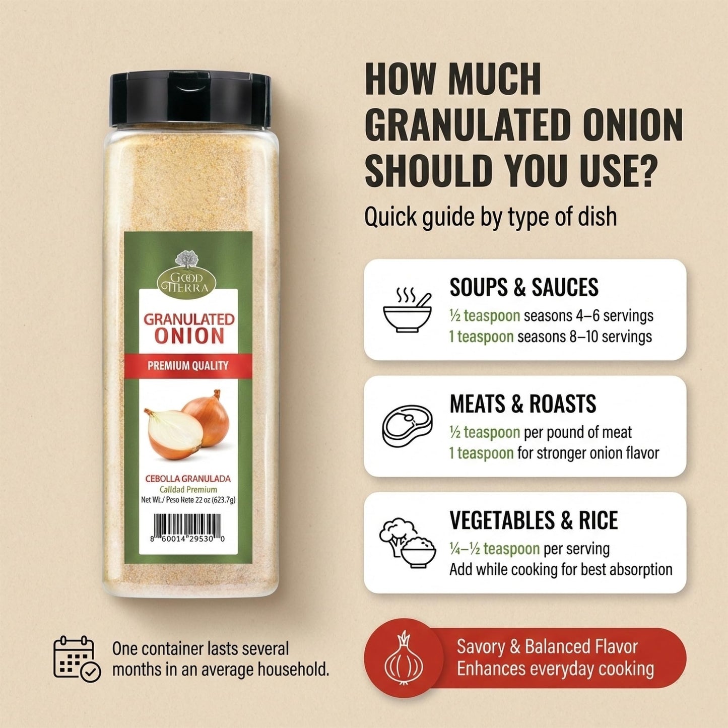 Good Tierra Granulated Onion 22 oz - Dehydrated Onion Powder for Cooking, All Purpose Seasoning, Culinary Gourmet Spice (6 Pack)