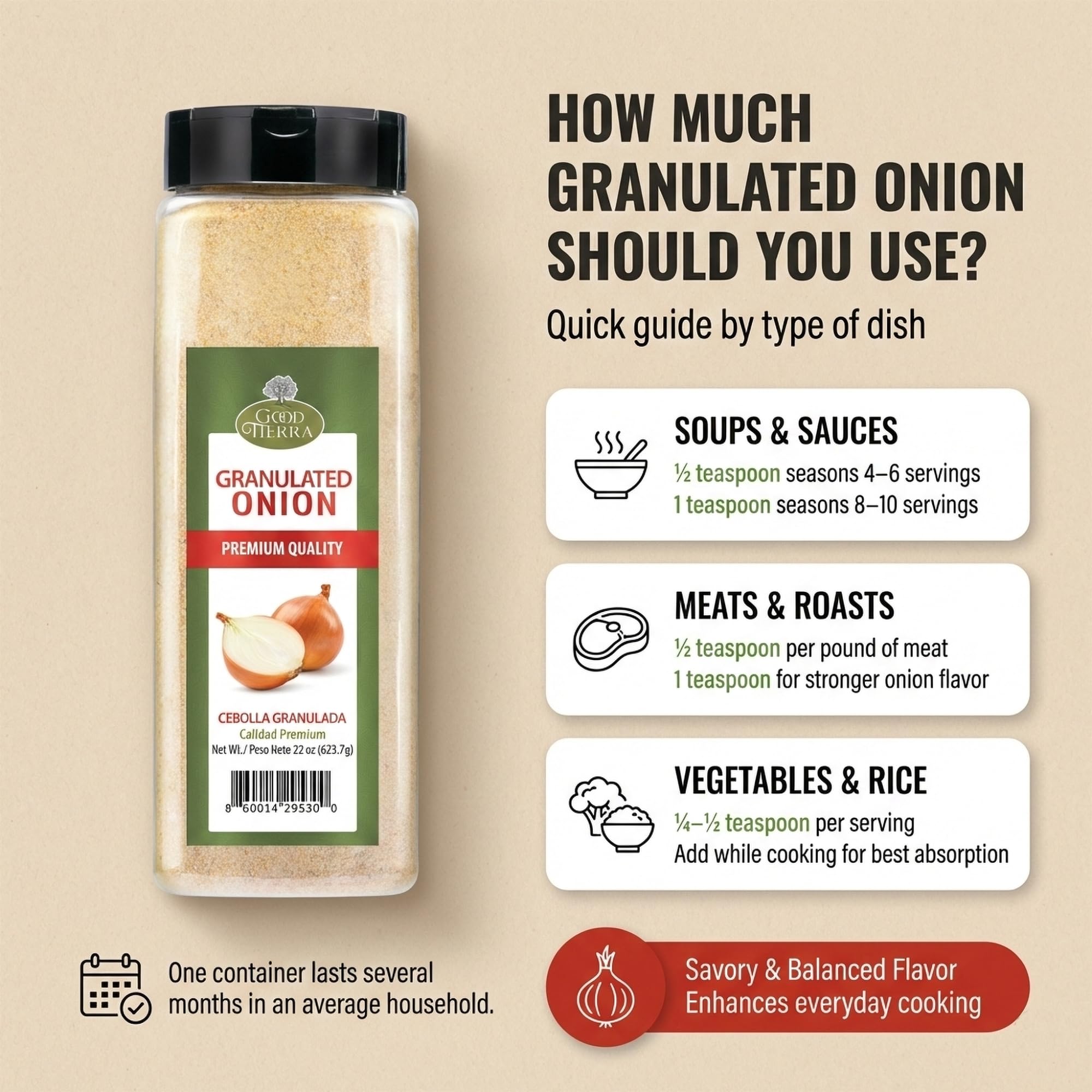 Good Tierra Granulated Onion 22 oz - Dehydrated Onion Powder for Cooking, All Purpose Seasoning, Culinary Gourmet Spice (6 Pack)