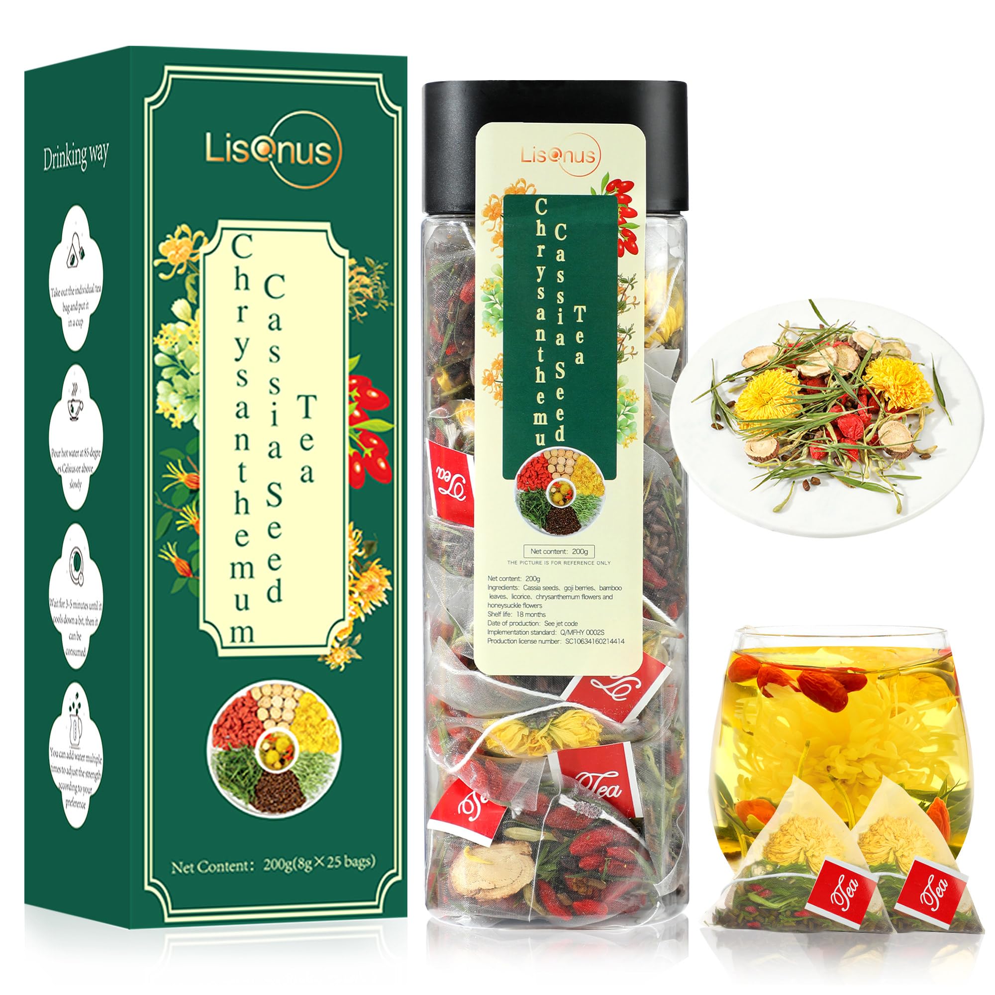 Chrysanthemum Cassia Seed Tea Organic(200g, 8gx25bags) Natural Herbal Tea Chrysanthemum Flowers,Goji Berries,Licorice,Bamboo Leaves,Cassia
