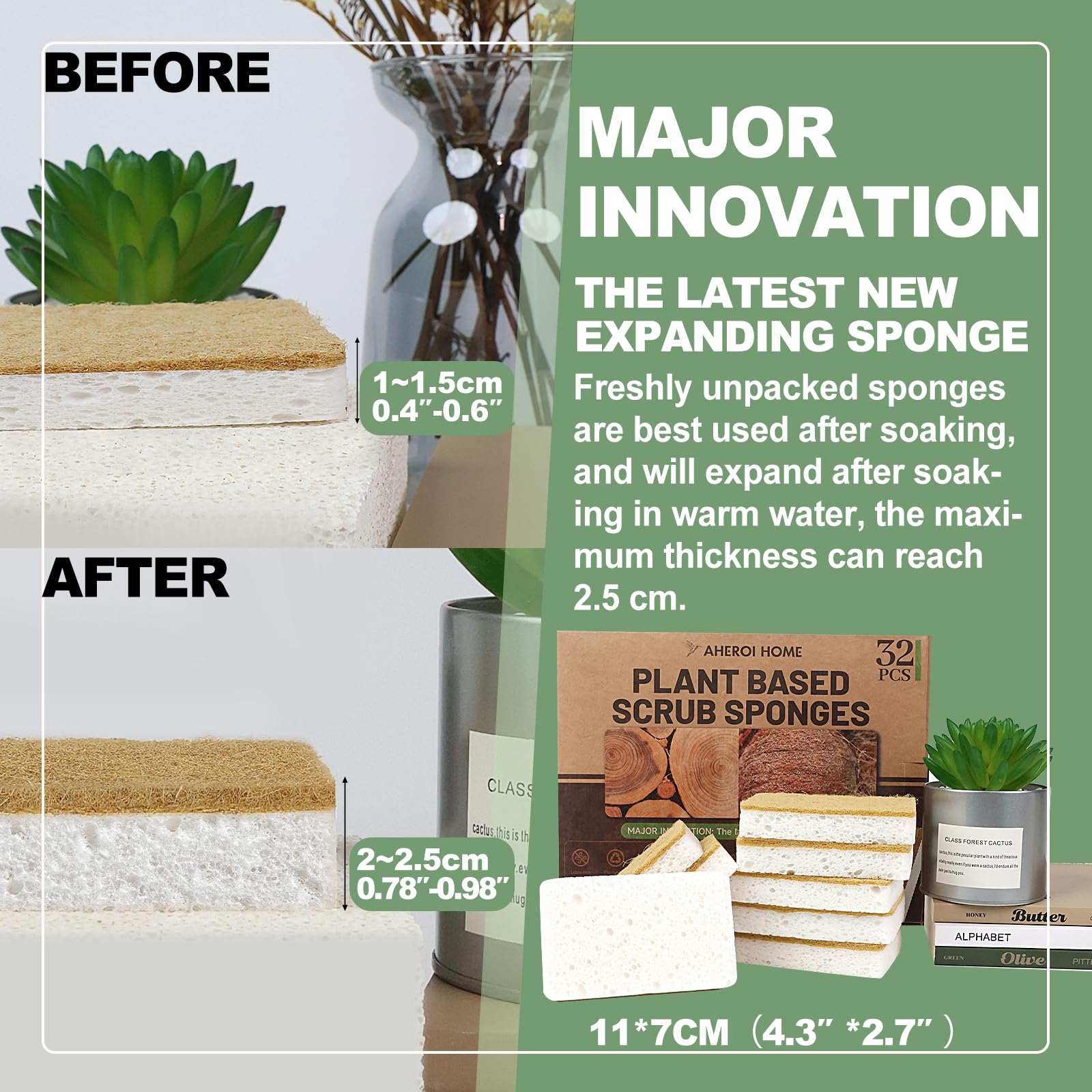 Aheroi Natural Dish Sponge, 32 Count FSC Certified Plant-Based Biodegradable Compostable Kitchen Sponges for Dishes Bulk, Organic Eco Friendly
