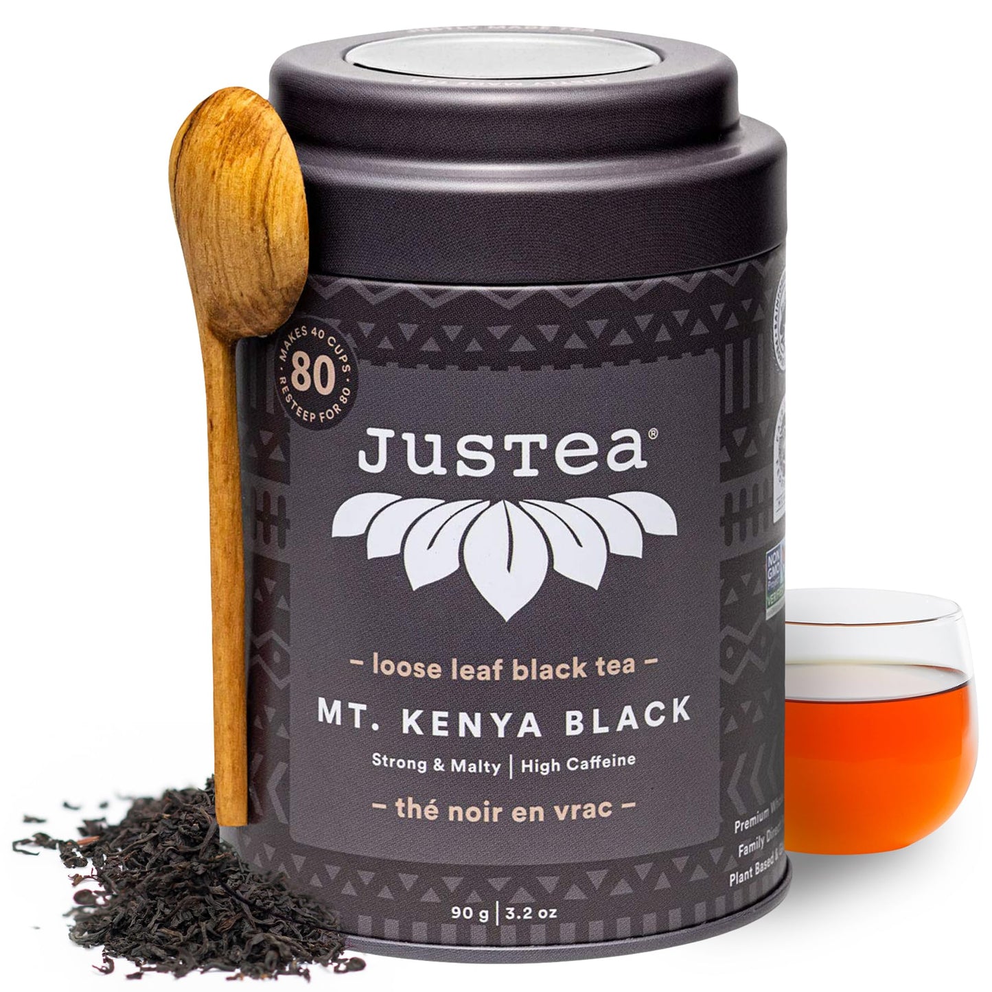 JusTea MT. KENYA BLACK | Loose Leaf Black Tea | Tin with Hand Carved Tea Spoon | 40+ Cups (3.2oz) | High Caffeine | Award-Winning | Fair Trade |