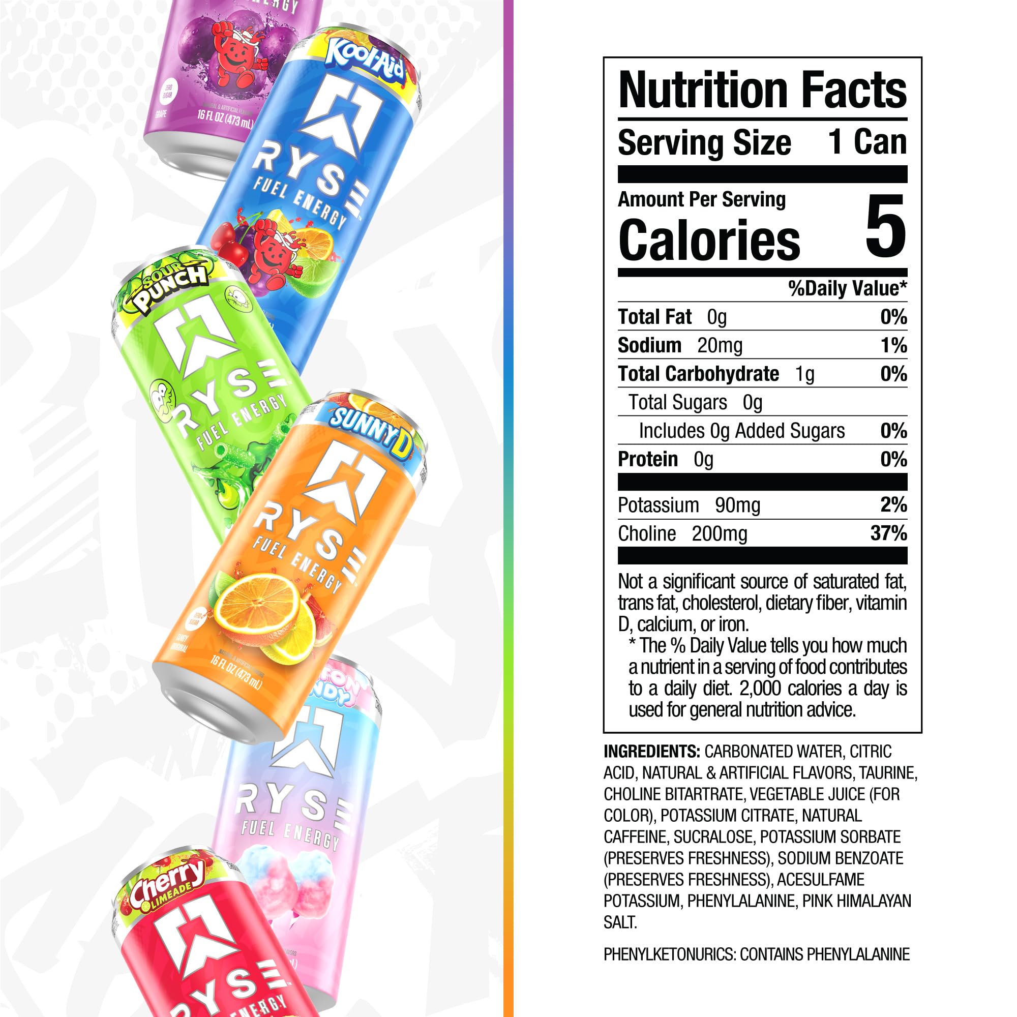 RYSE Fuel Energy Drink - Variety Pack - Sugar Free, Gluten Free & Vegan - 200mg Natural Caffeine, Taurine & Choline for Focus & Energy - No Artificial