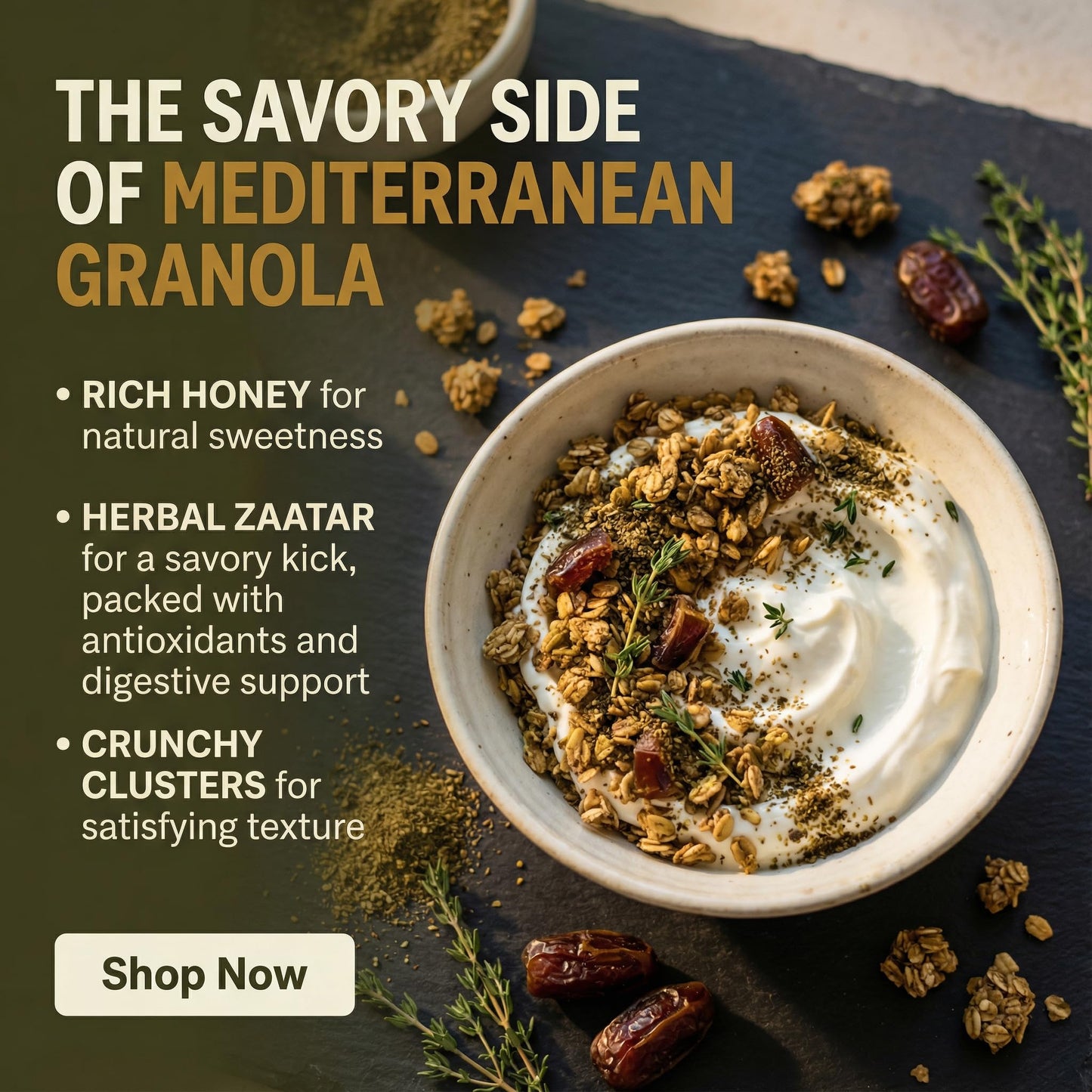 Granolaful Zesty Zaatar - Premium Loose Mini-Clusters with Zaatar, Chia Seeds, Nuts, Protein and Fiber | World's 1st Mediterranean Granola | Organic