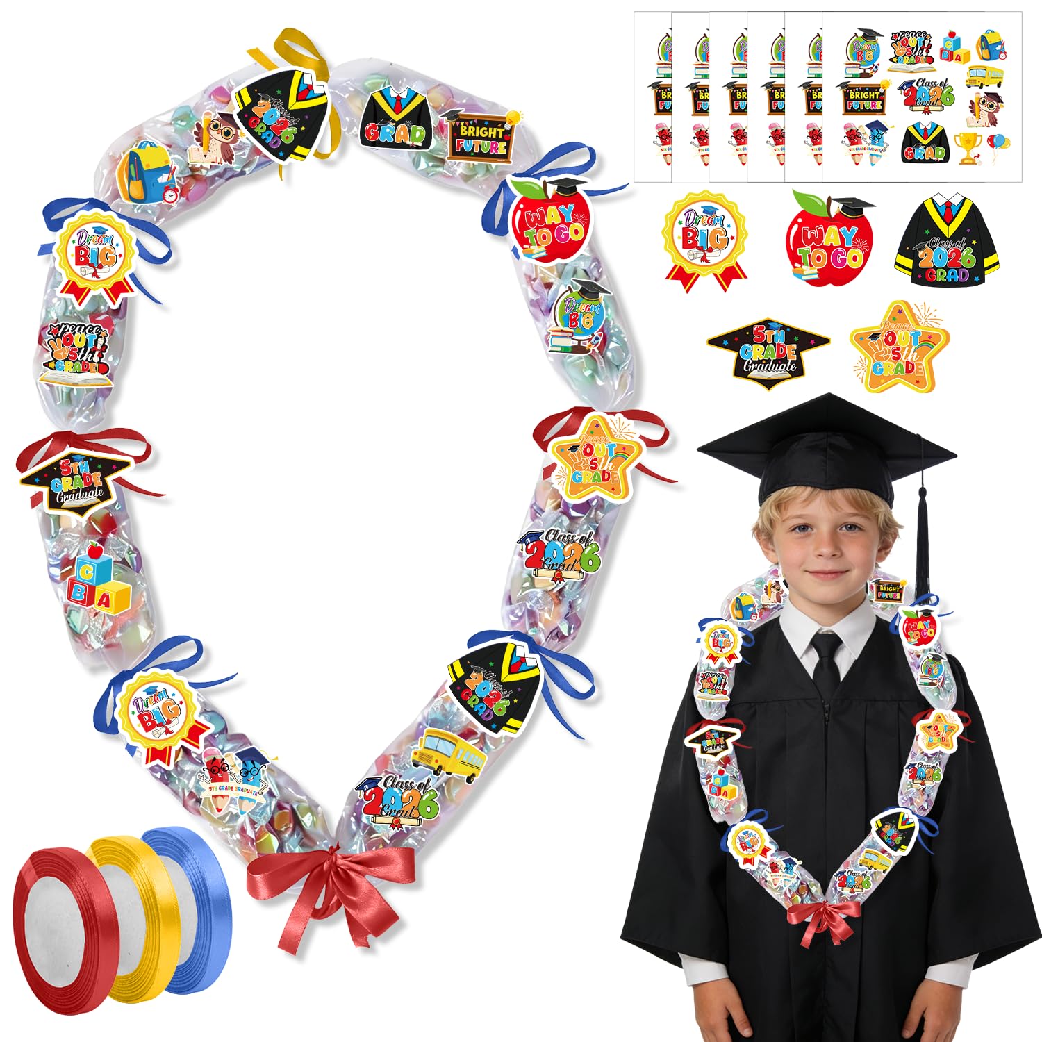 Silkovahamd 5th Grade Graduation Leis 2026 - Graduation Candy Lei Making Kit Class of 2026, 12 Candy Poly Tubing Clear 60 Paper Cards 12 Sheets