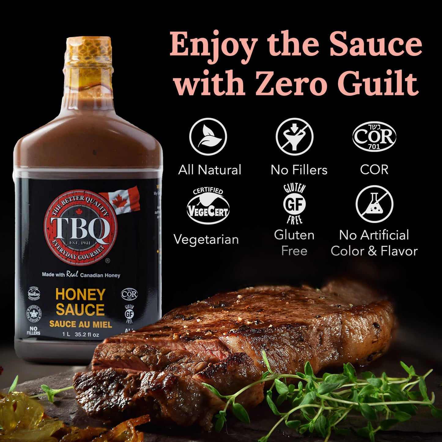 TBQ - Honey Barbecue Sauce, Honey Hot Sauce, Vegan Honey BBQ Sauce, Barbecue Marinade and Sauces for Salmon, Ribs, Vegetables, and More, Made of Real