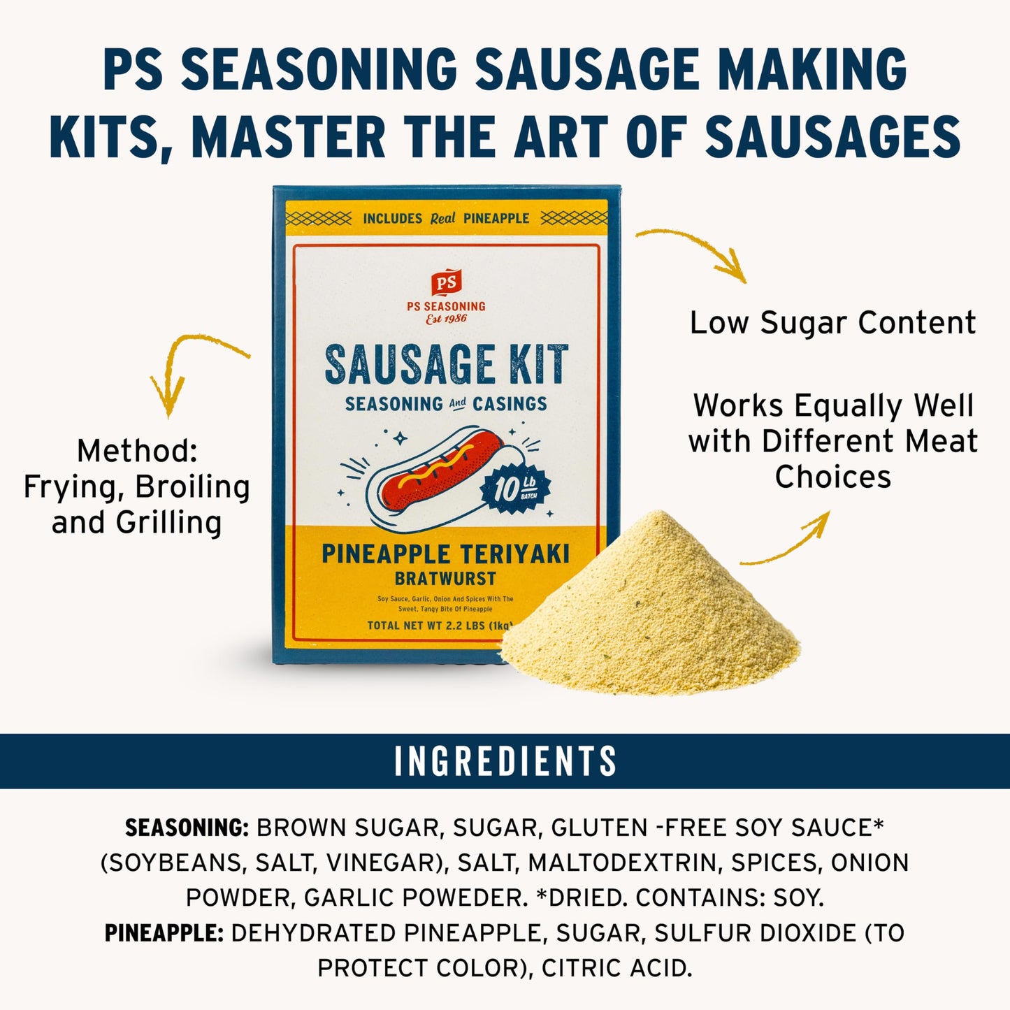 PS Seasoning Pineapple Teriyaki Bratwurst Kit - Sausage making Seasoning And Natural Hog Casings For 10 Lbs Of Meat Easy Homemade Brats For Pork