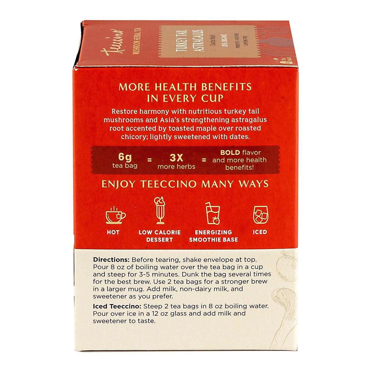 Teeccino Turkey Tail Astragalus - Toasted Maple - Caffeine Free Mushroom Adaptogenic Herbal Tea, 3x More Herbs than Regular Tea Bags, Lightly Sweet