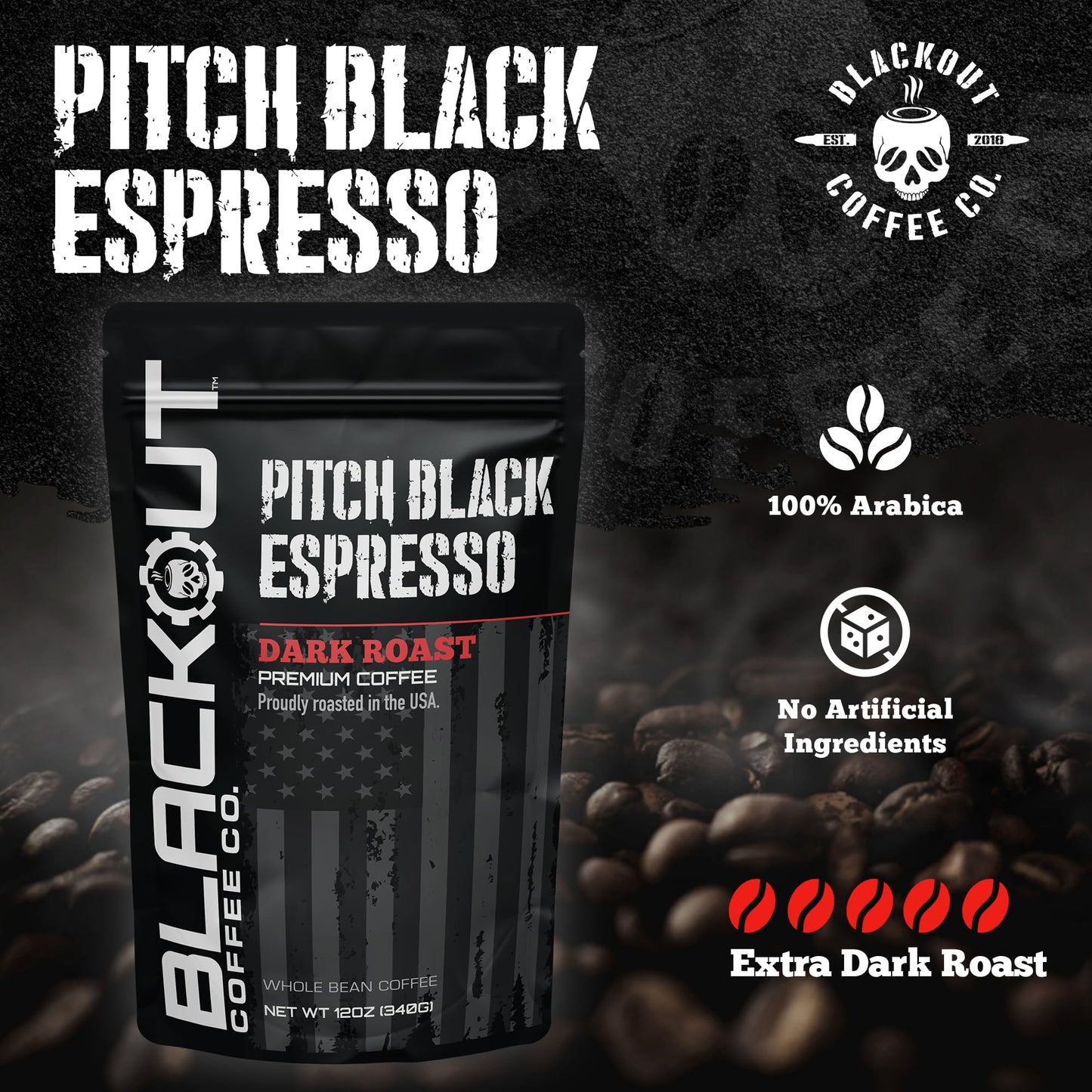 Blackout Coffee Pitch Black Espresso Whole Bean Coffee - Extra Dark Roast, European-Style, Powerfully Bold - Freshly Roasted 12oz Bag.