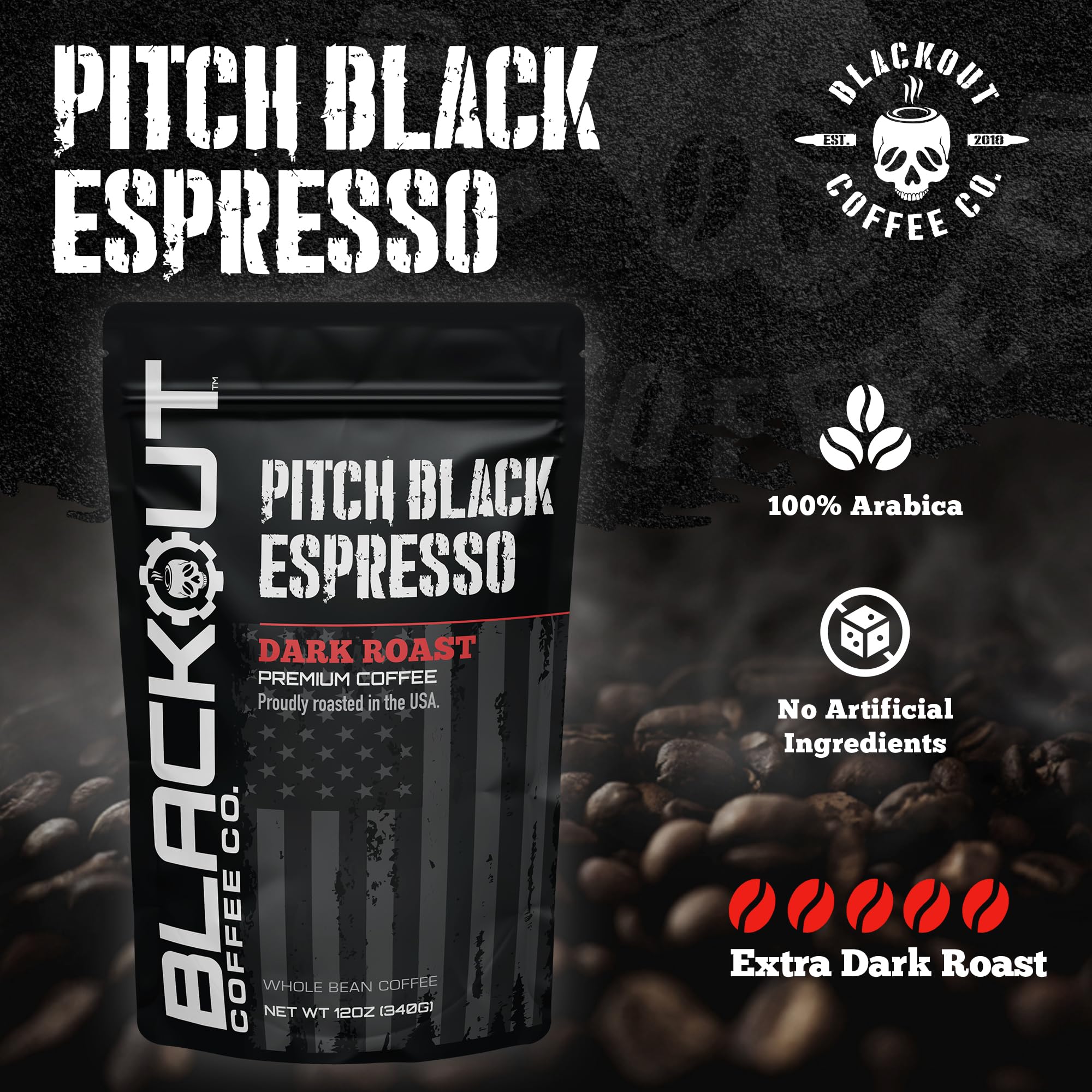 Blackout Coffee Pitch Black Espresso Whole Bean Coffee - Extra Dark Roast, European-Style, Powerfully Bold - Freshly Roasted 12oz Bag.