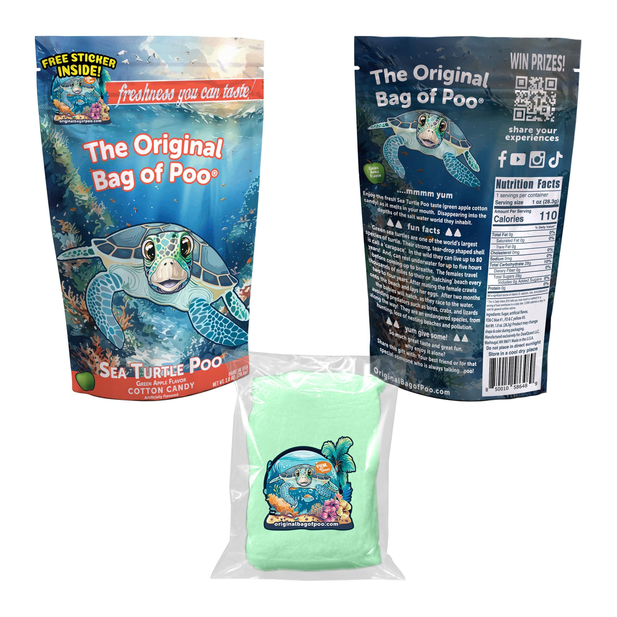 The Original Bag of Poo®, Sea Turtle Poo (Green Apple Flavor Cotton Candy) Novelty Poop Gag Gift. Free sticker inside.