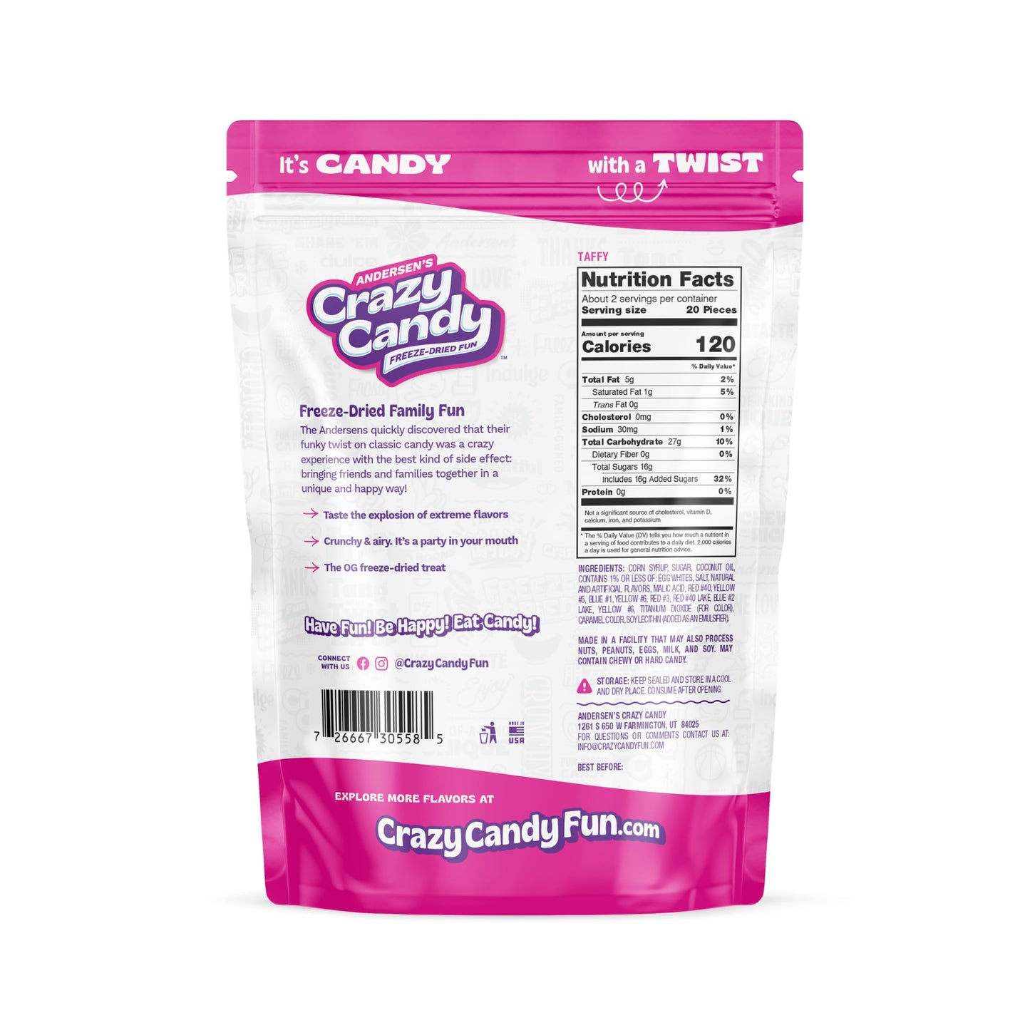 Crazy Candy Freeze Dried Taffy - Salt Water Taffy Transformed, Light Crispy Texture Sweet Candy, 2.4oz Resealable Bag, Made in USA
