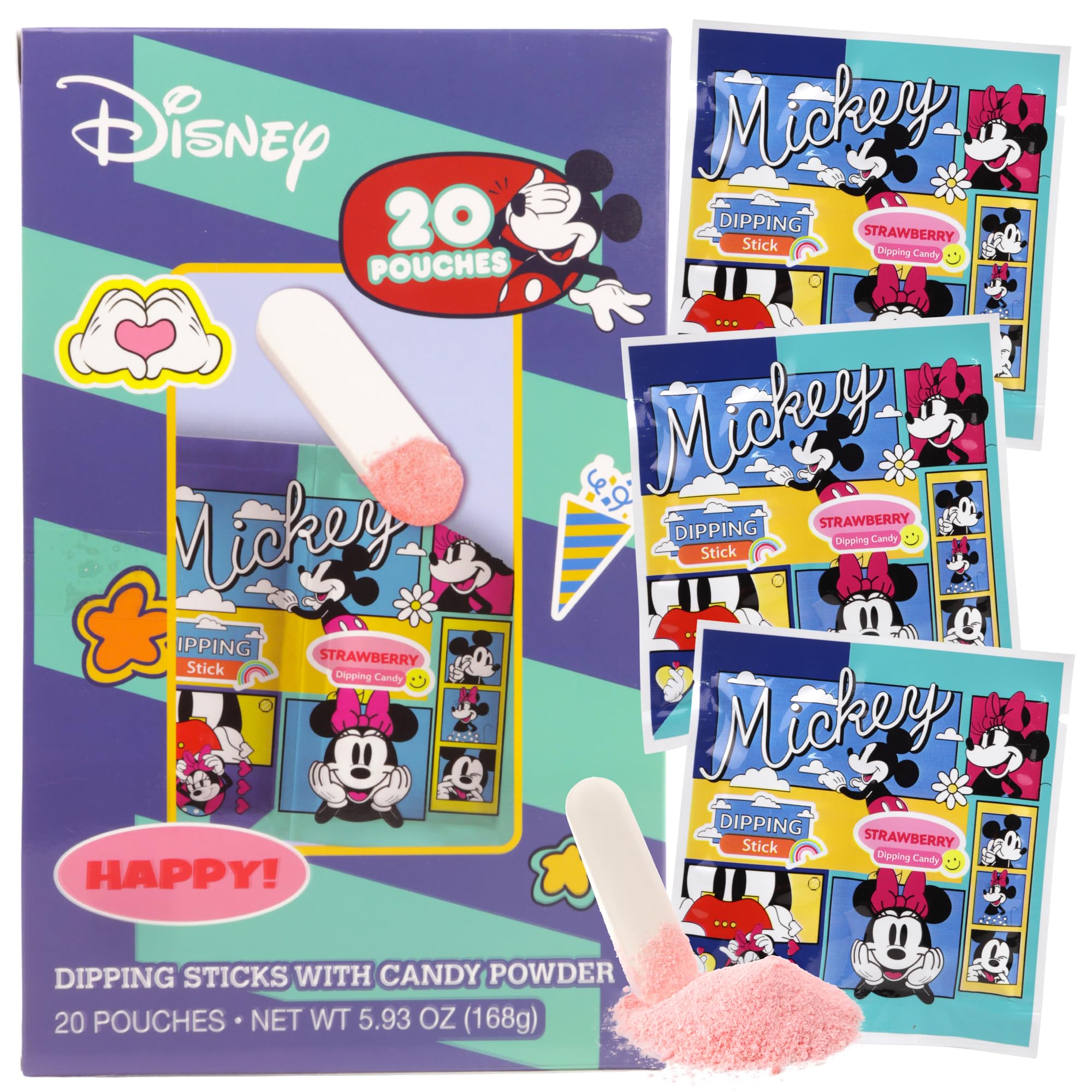 Disney Mickey and Minnie Dipping Sticks and Powder Candy, Birthday Party Treats, 20 Pouches