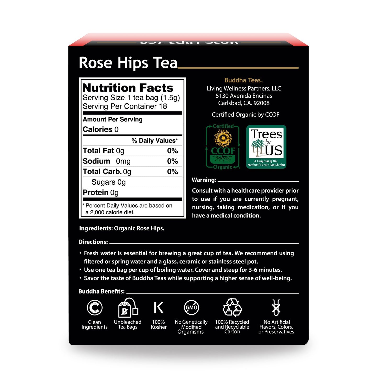 Buddha Teas Organic Rose Hips Tea - OU Kosher, USDA Organic, CCOF, 18 Bleach-Free Tea Bags