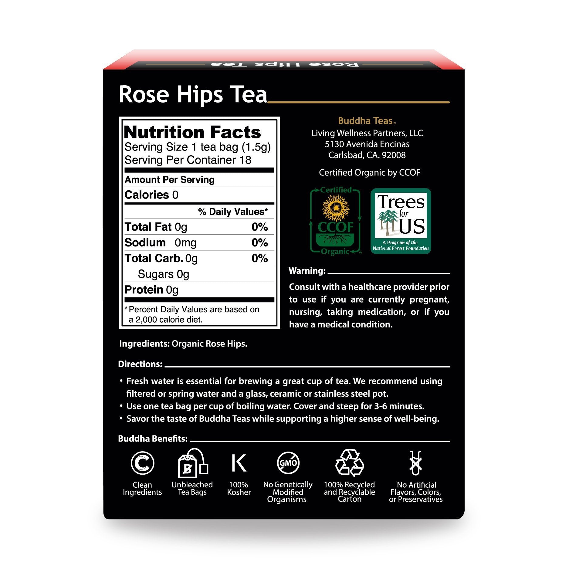 Buddha Teas Organic Rose Hips Tea - OU Kosher, USDA Organic, CCOF, 18 Bleach-Free Tea Bags