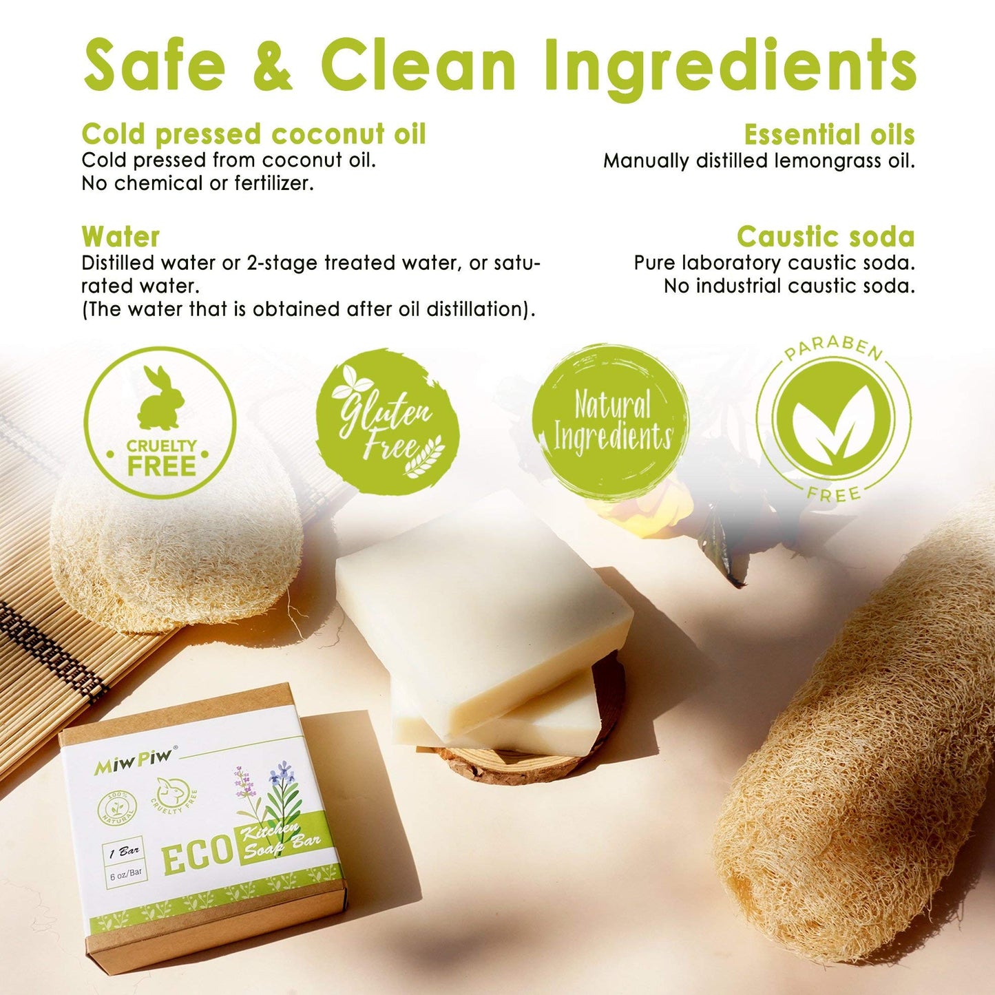 Miw Piw Vegan Dish Soap Bar Pack 2- Large 5 Ounce - Lather Clean Safe Ingredients- Plastic Free Palm Oil Free - Zero Waste Eco Friendly Kitchen