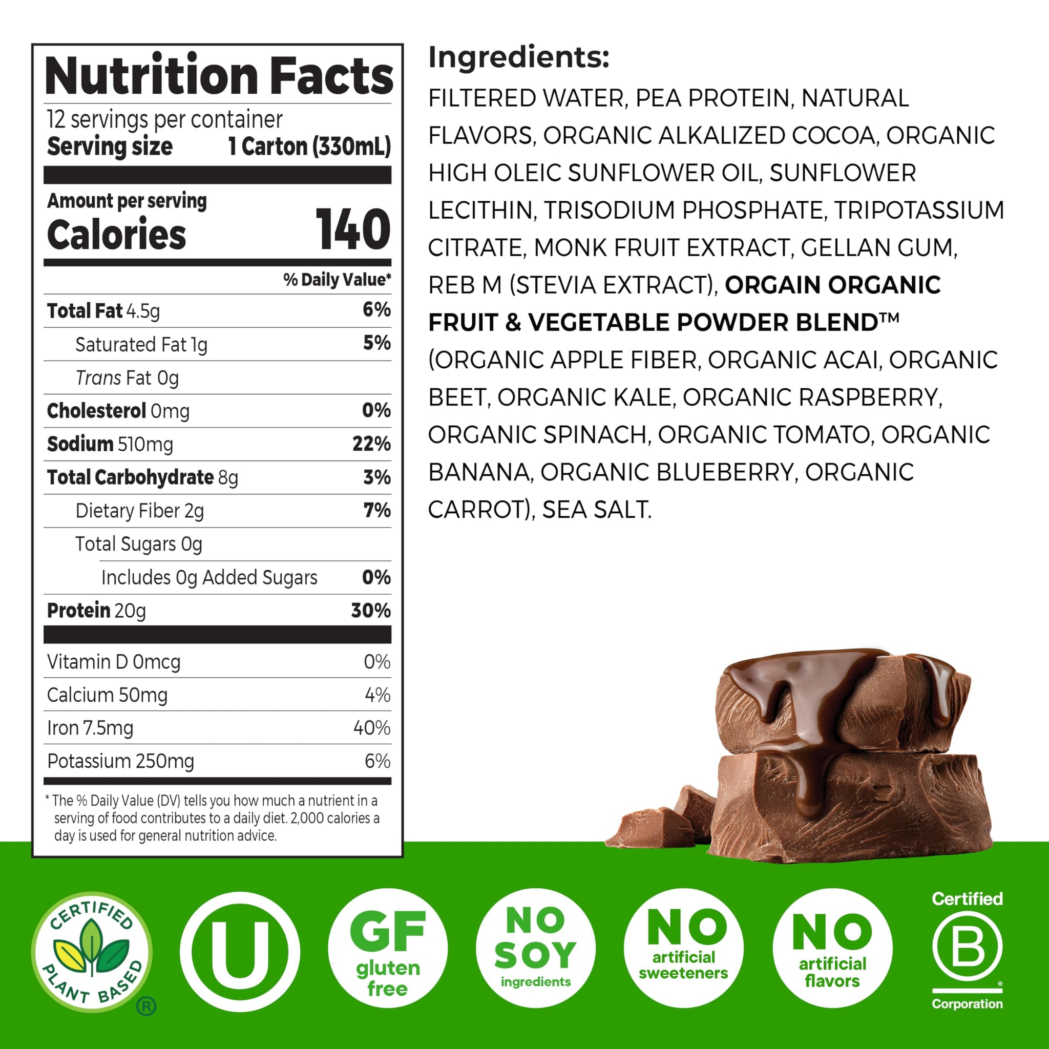 Orgain Organic Vegan Protein Shake, Creamy Chocolate - 20g Plant Based Protein, Ready to Drink, Fruits & Vegetables, Gluten Free, Kosher, No Soy or
