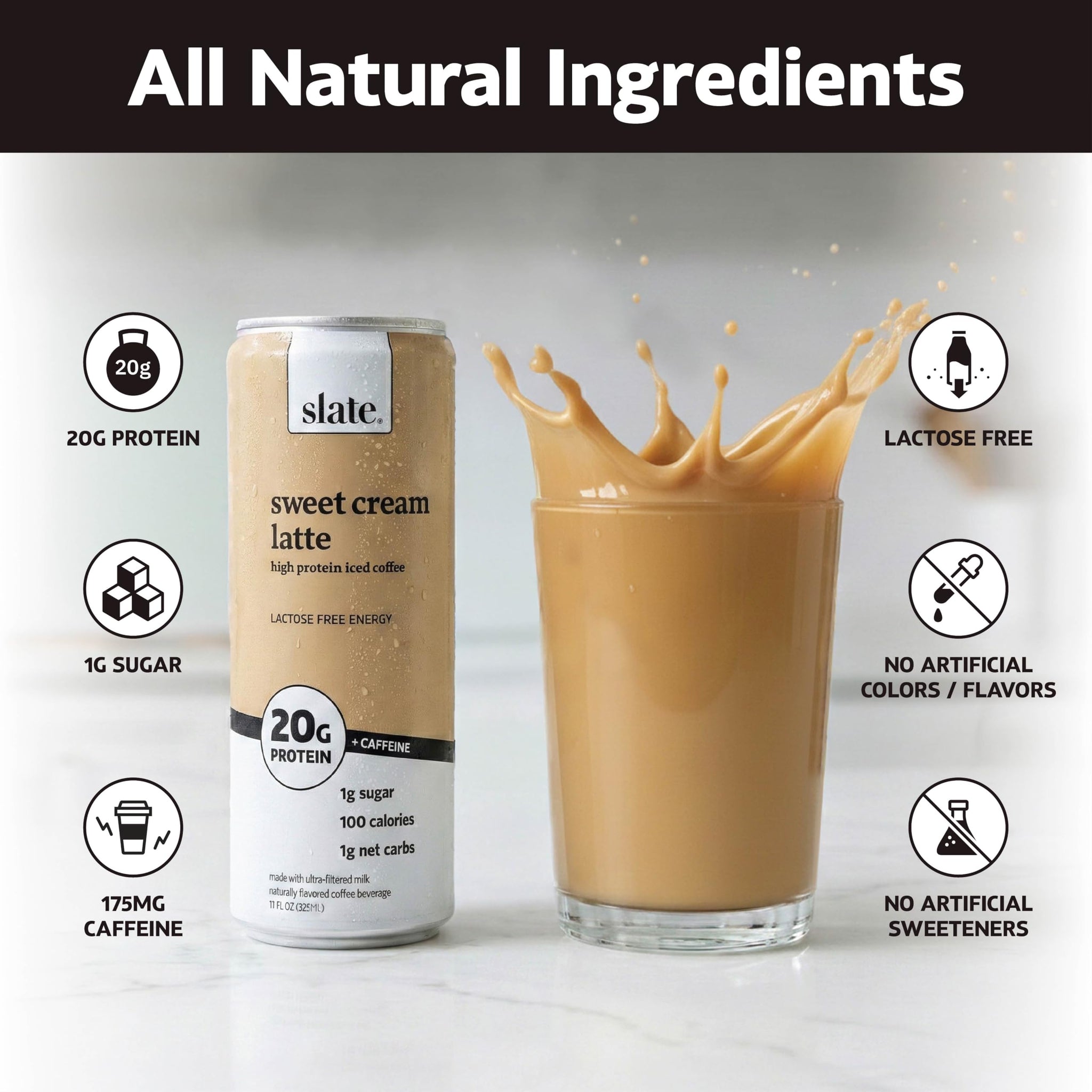 Slate Milk - High Protein Iced Coffee - Sweet Cream Latte - 175mg Caffeine, Lactose Free Energy - 20g Protein, 1g Sugar, 100 Calories, 1g Net Carbs