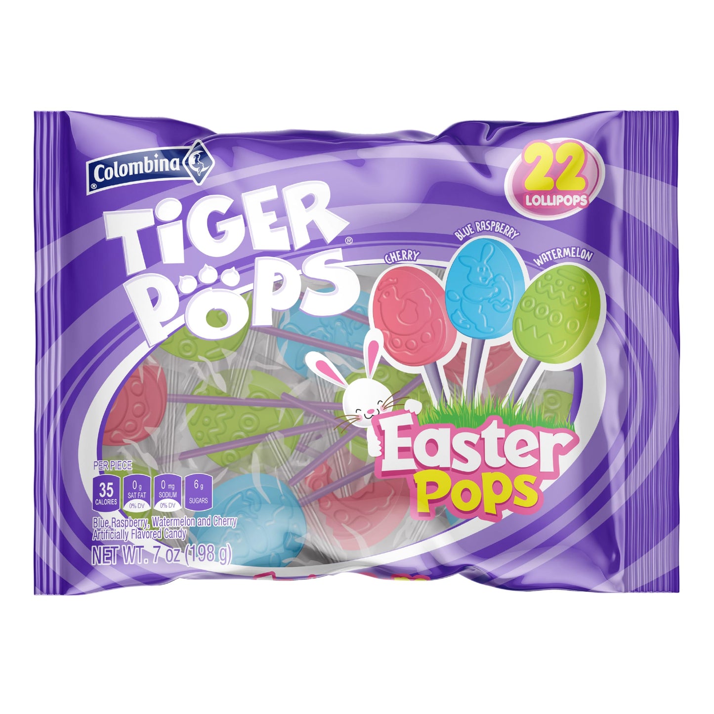 Colombina Tiger Easter Pops, Cherry, Blue Raspberry, and Watermelon Flavored, Individually Wrapped, Ideal for Easter Baskets or Eggfillers, 7oz (Pack