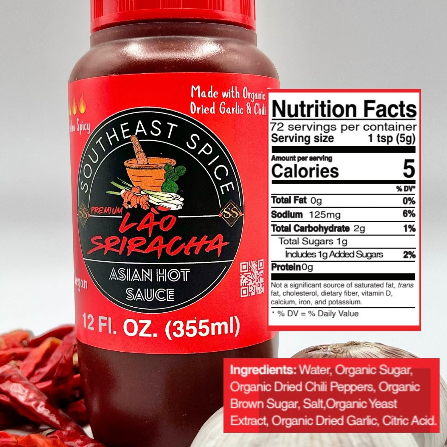 SOUTHEAST SPICE ORGANIC HOT SAUCE - Original Lao Sriracha, bottle red chili sweet garlic pepper siracha, extra Asian sauces, vegan premium natural