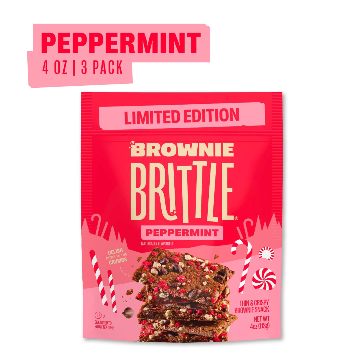 Brownie Brittle - Chocolate Chip Peppermint Thin and Crispy Sweet Snacks (Pack of 3, 4 oz), Rich Gourmet Brownie Bites Dessert