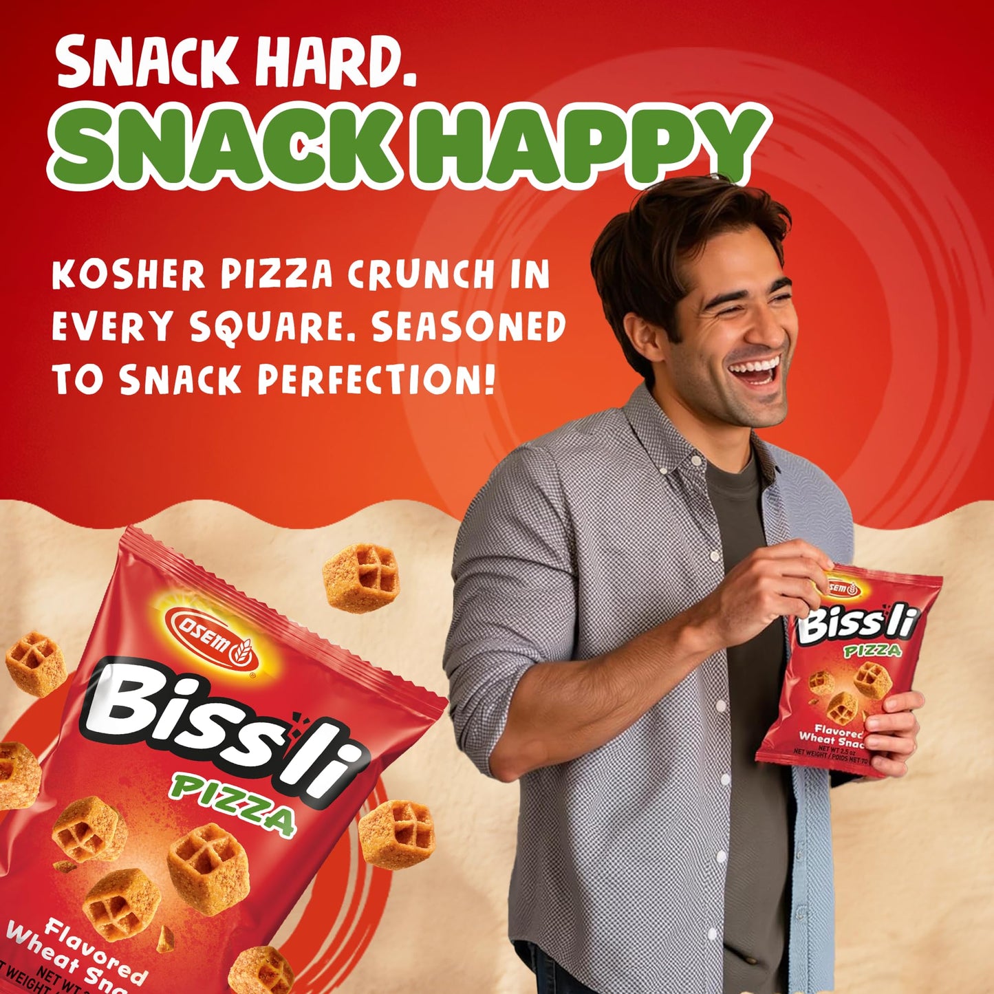 Osem Bissli Pizza - Pizza Flavored Snacks, Bissli Snack for Kids & Adults, Kosher Israeli Flavor Bites, Crunchy Vegan Wheat Chips - 2.5oz Bags (Pack