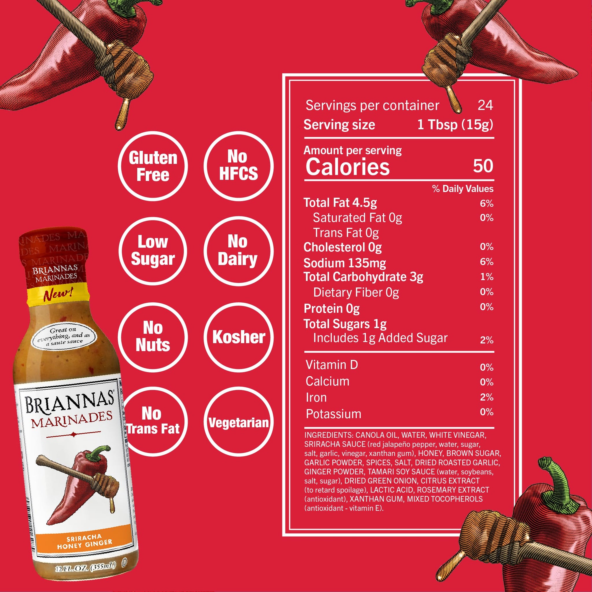 BRIANNAS - Sriracha Honey Ginger Marinade - Small Batch, Gluten Free Marinade made with Premium Ingredients - 12 oz. Bottle