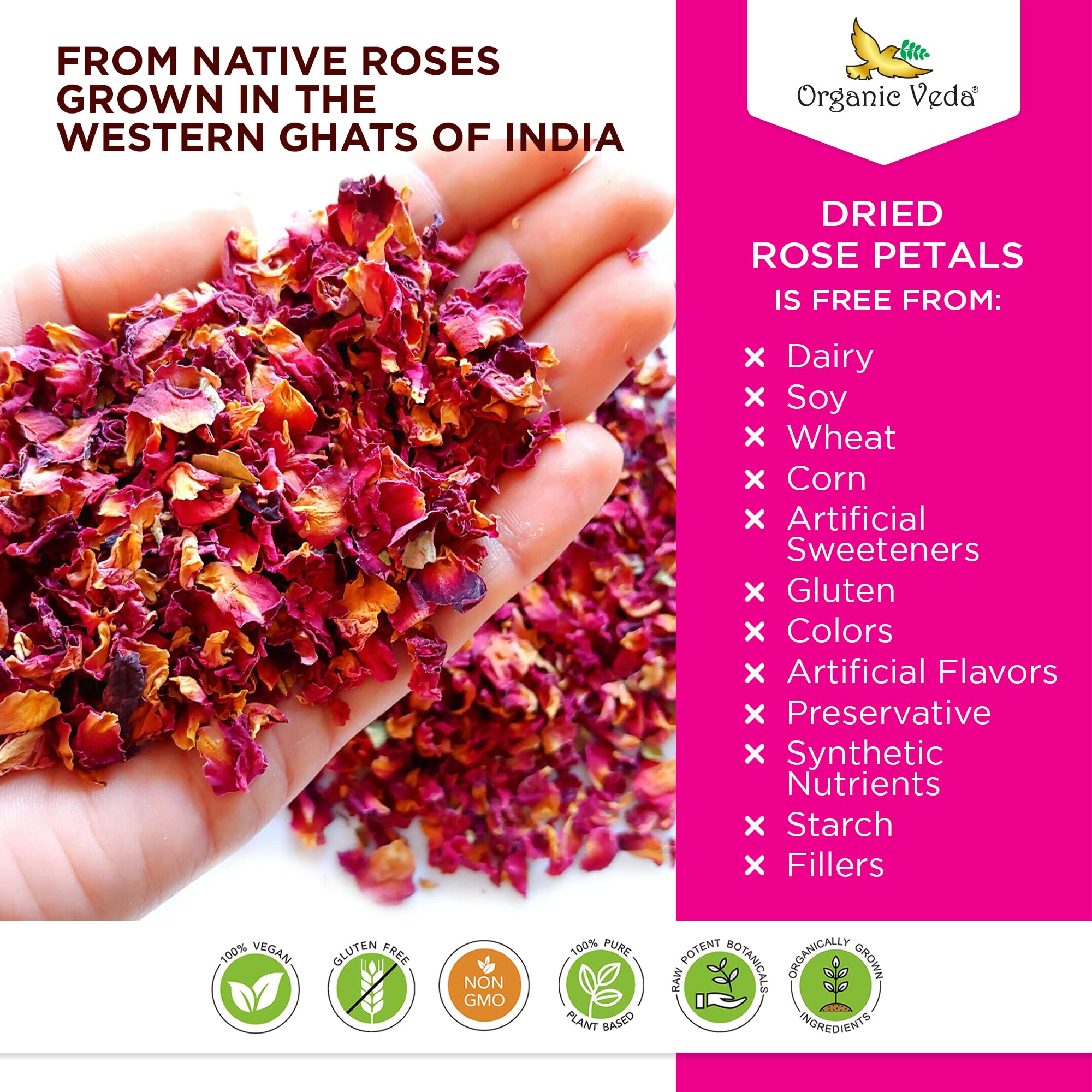 Organic Veda Dried Rose Petals, 4 oz - 100% Organic Real Edible Rose Petals - Food Grade USDA Rose Petal for Making Rose Water, Baking, Herbal Tea