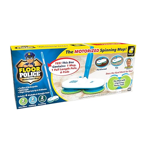 Original As Seen On TV Floor Police Mop with Motorized Dual Spinning Mopheads & 6 Unique Cleaning Pads by BulbHead, Lightweight, Rechargeable