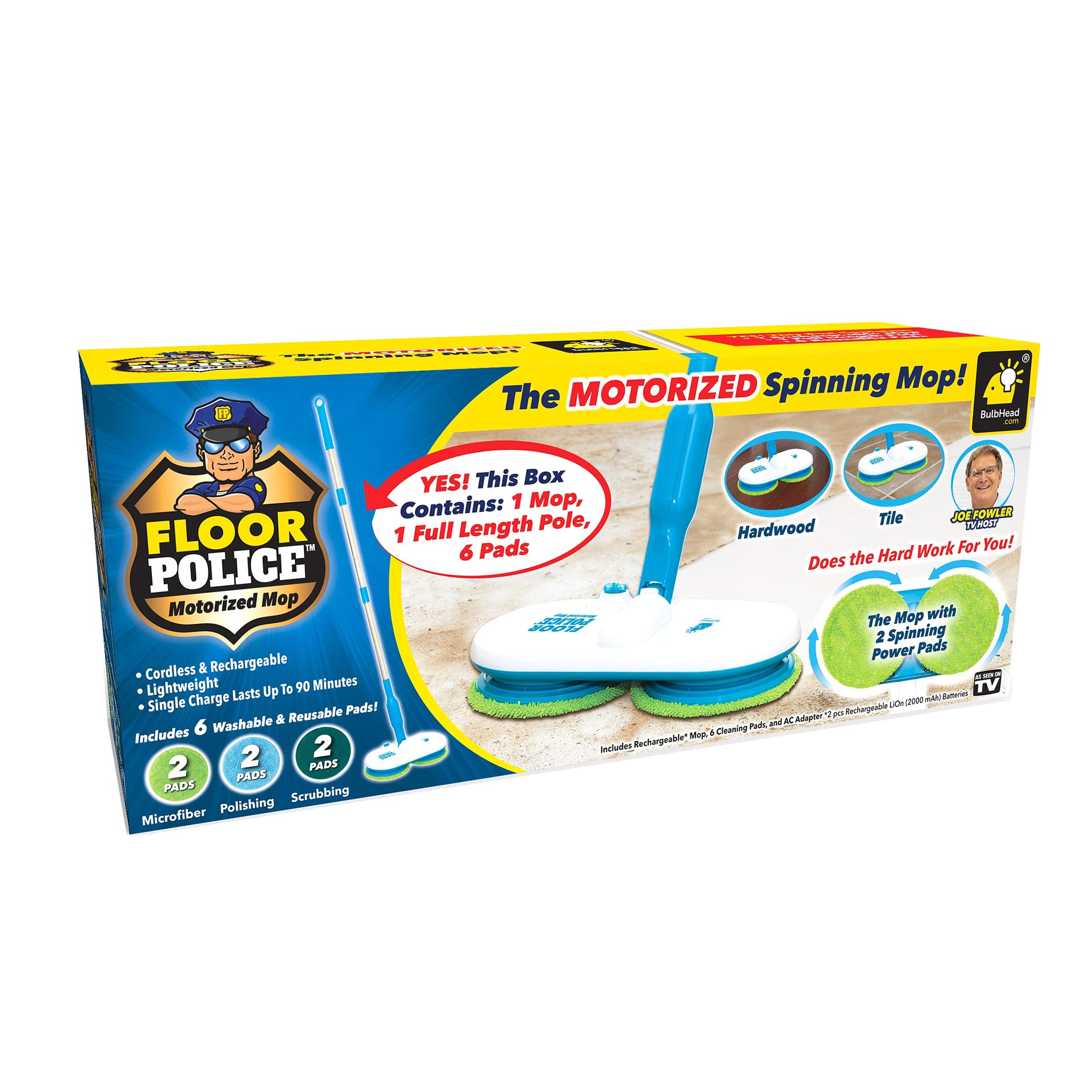Original As Seen On TV Floor Police Mop with Motorized Dual Spinning Mopheads & 6 Unique Cleaning Pads by BulbHead, Lightweight, Rechargeable