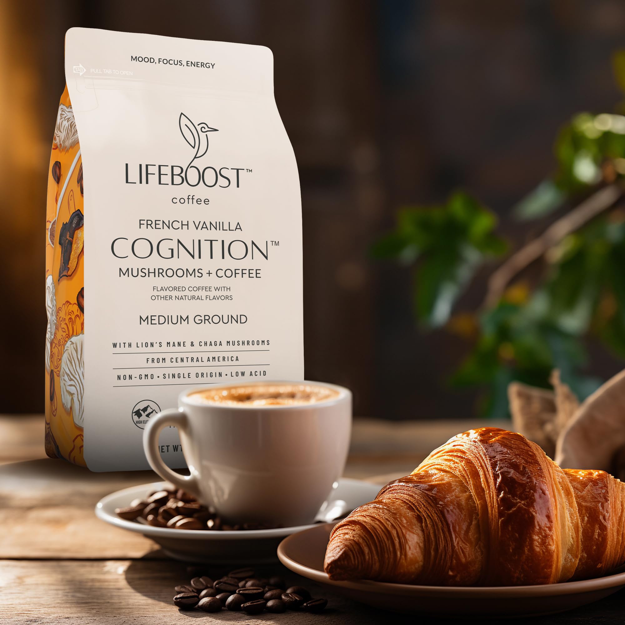 Lifeboost French Vanilla Cognition Mushroom Coffee - Low Acid Medium Organic Coffee with Nootropic Lions Mane & Chaga Mushrooms - Increase Energy