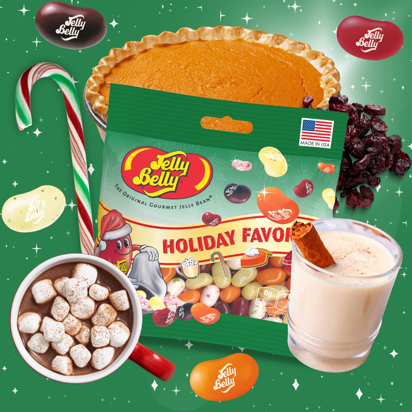 Holiday Favorites Assorted Flavor Jelly Beans, Egg Nog, Hot Chocolate, Cranberry Sauce, Candy Cane and Pumpkin Pie, Shareable Bagged Candies