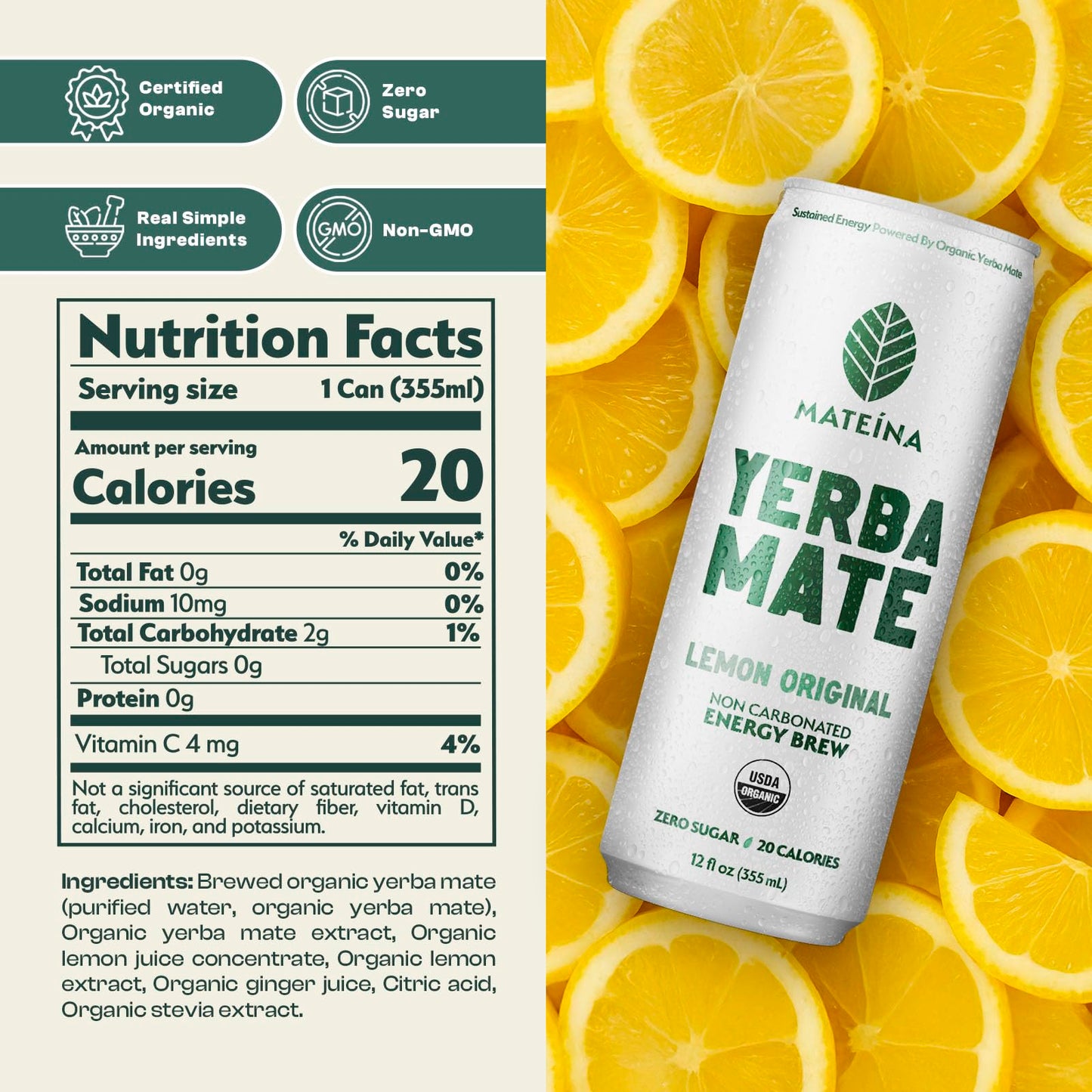 Mateina Organic Lemon Original Yerba Mate, 12 FZ