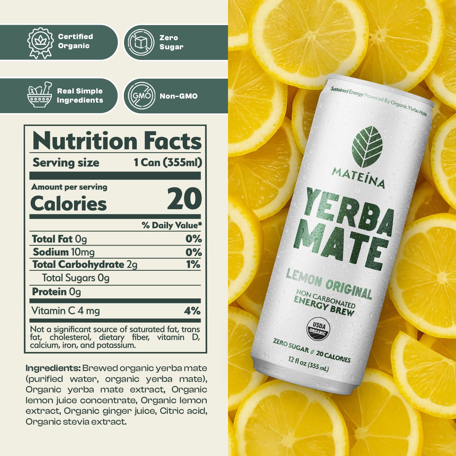 Mateina Yerba Mate Zero Sugar Energy Drink - 120mg Natural Caffeine - Organic, Non-GMO, Non-Carbonated - Dr. Andrew Huberman Recommended - (12 fl oz