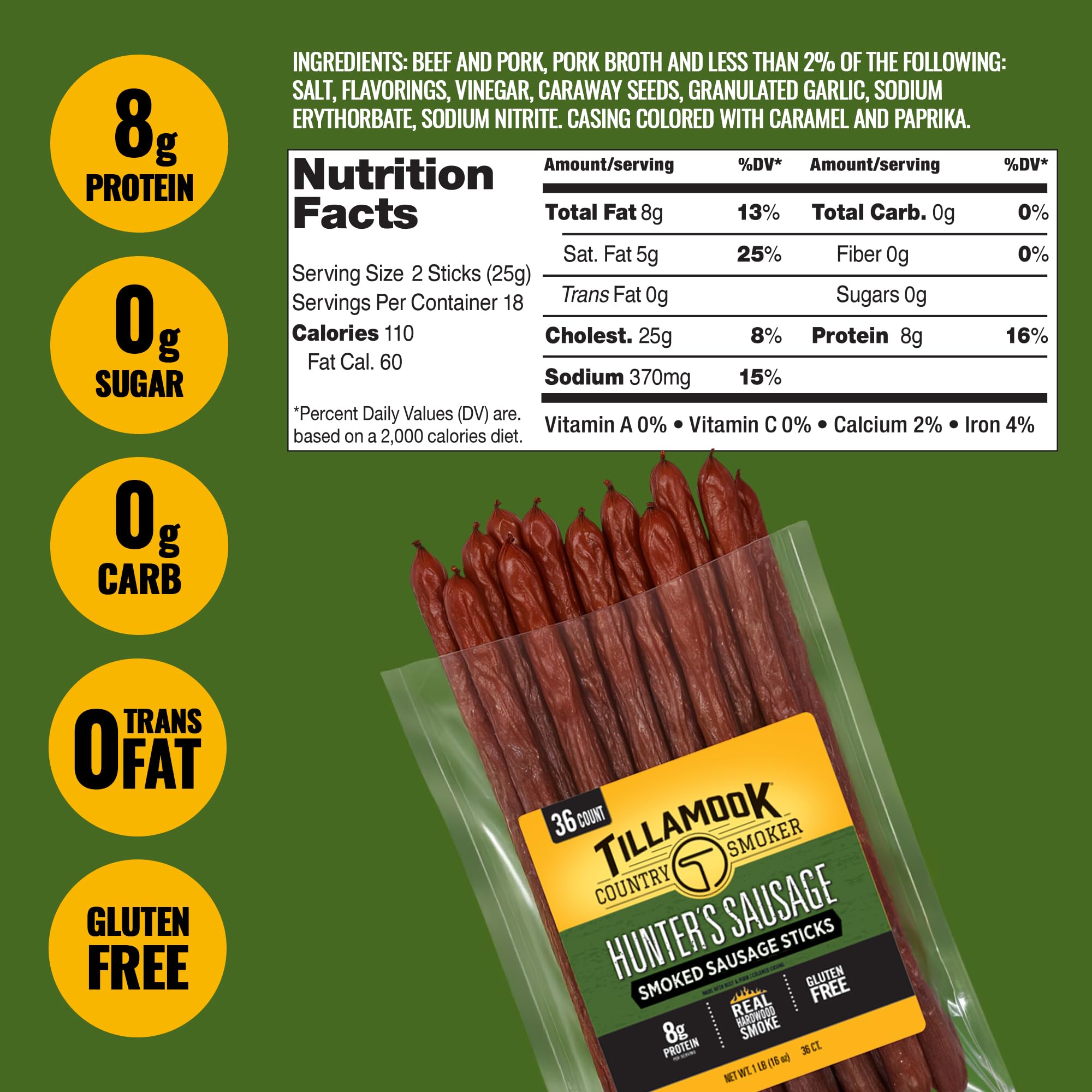 Tillamook Country Smoker Smoked Sausage, Hunter's Sausage, 16 Ounce (36 Count Meat Sticks Bulk Pack) Real Hardwood Smoked, Low Carb, High Protein