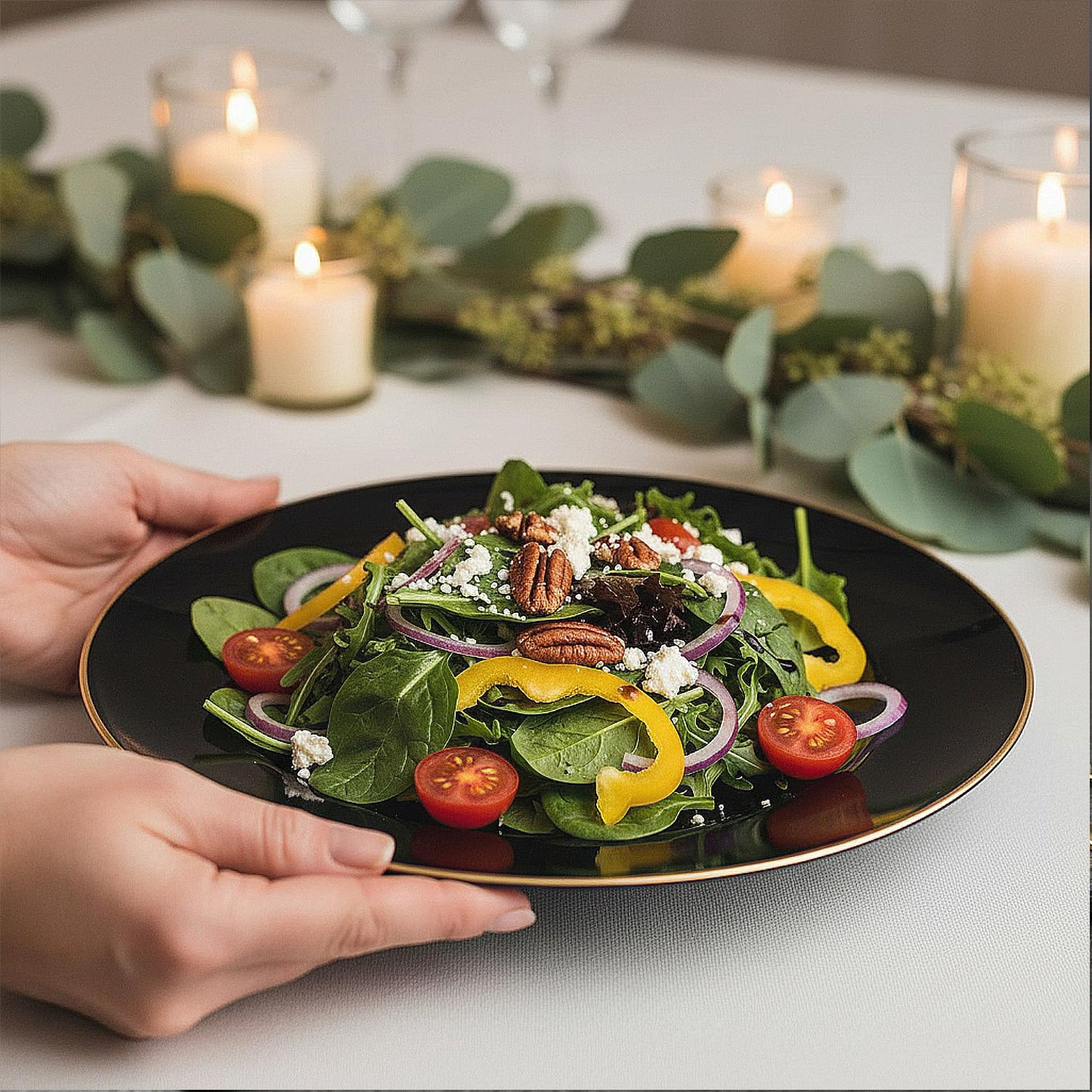 Blue Sky Organic Black/Gold Rim Plates (10 Pack) - 9" Elegant Plastic Disposable Dishware for Parties & Events