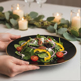 Blue Sky Organic Black/Gold Rim Plates (10 Pack) - 9" Elegant Plastic Disposable Dishware for Parties & Events